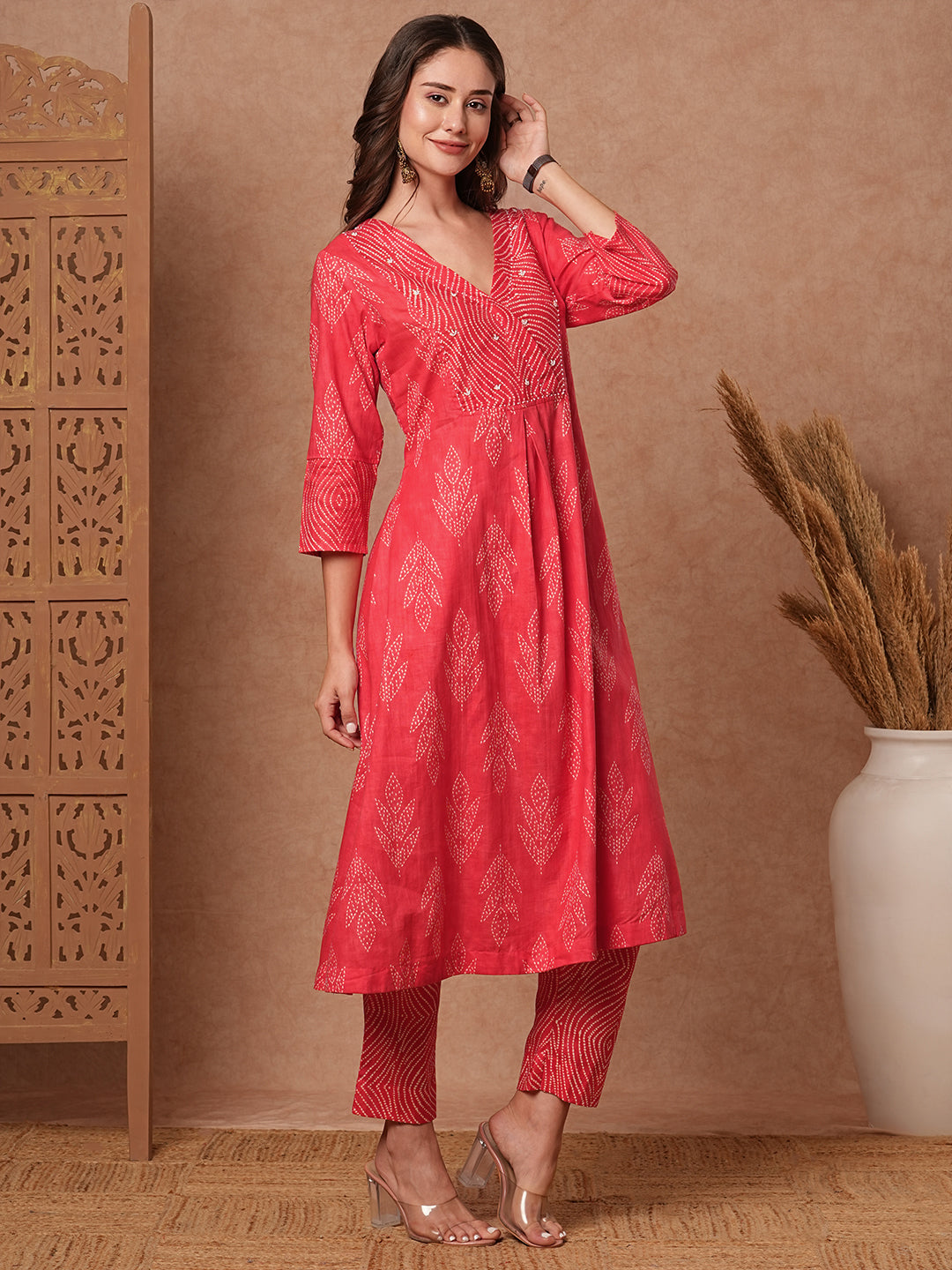 Fashor Ethnic Printed & Bead Embroidered A-Line Kurta with Pant - Peach - view 5