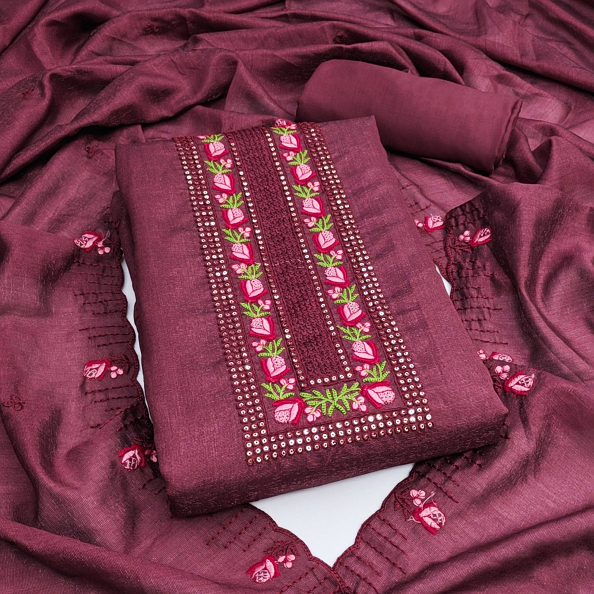 Peachmode Dark Mauve Embroidered Vichitra Silk Dress Material