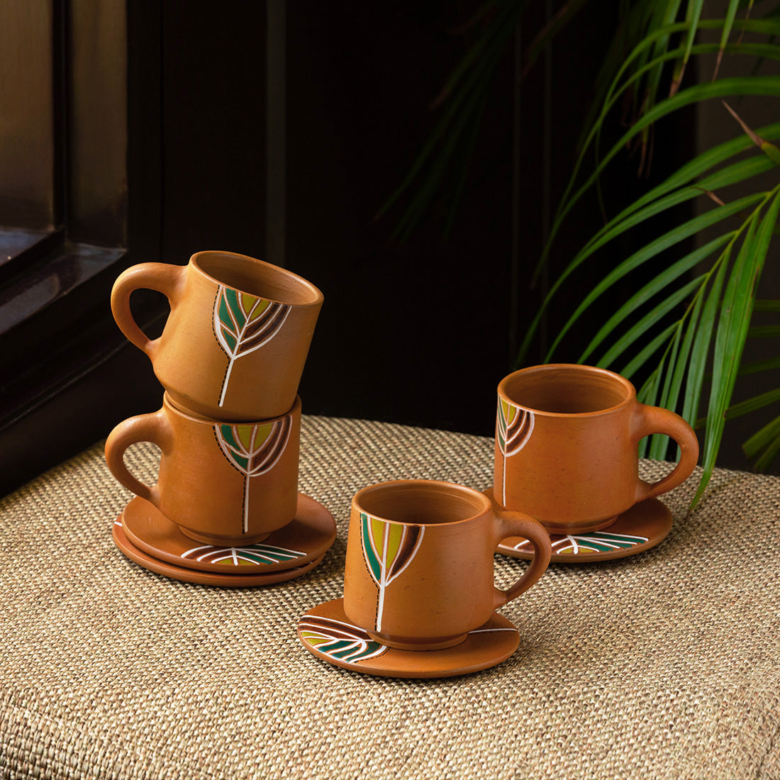 Coffee tea cups – EXCLUSIVELANE 'Shades of a Leaf' Handpainted Terracotta Coffee & Tea Cups With Saucers (Set of 4, 160 ml)