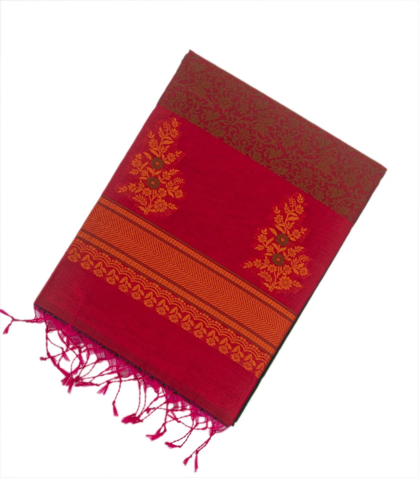 RmKV Bottle Green Handloom Kora Silk Cotton Saree With Buttas & Pink Pallu