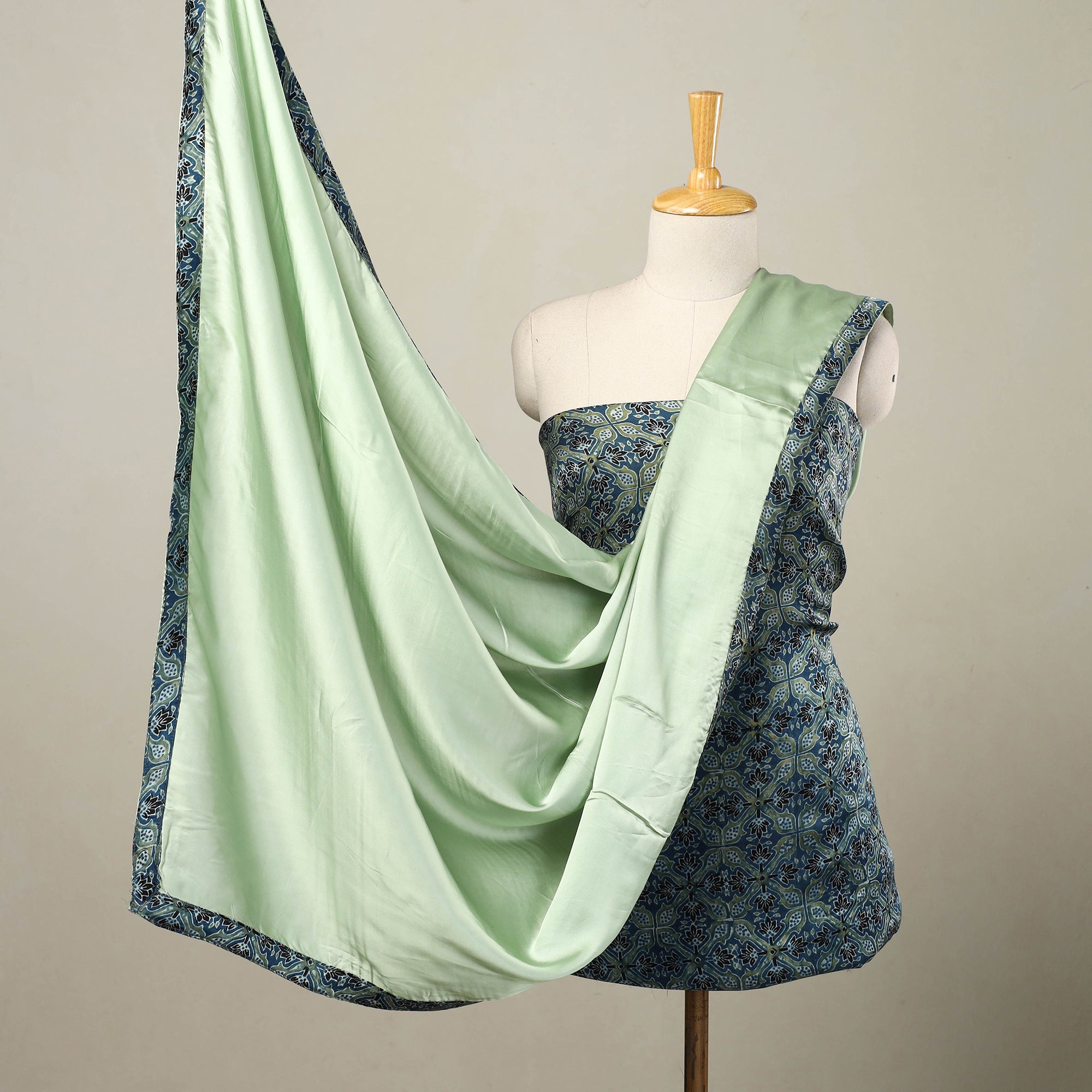 NOORI BAZAR Blue - 3pc Modal Silk Ajrakh Print Kurta with Plain Dupatta 10