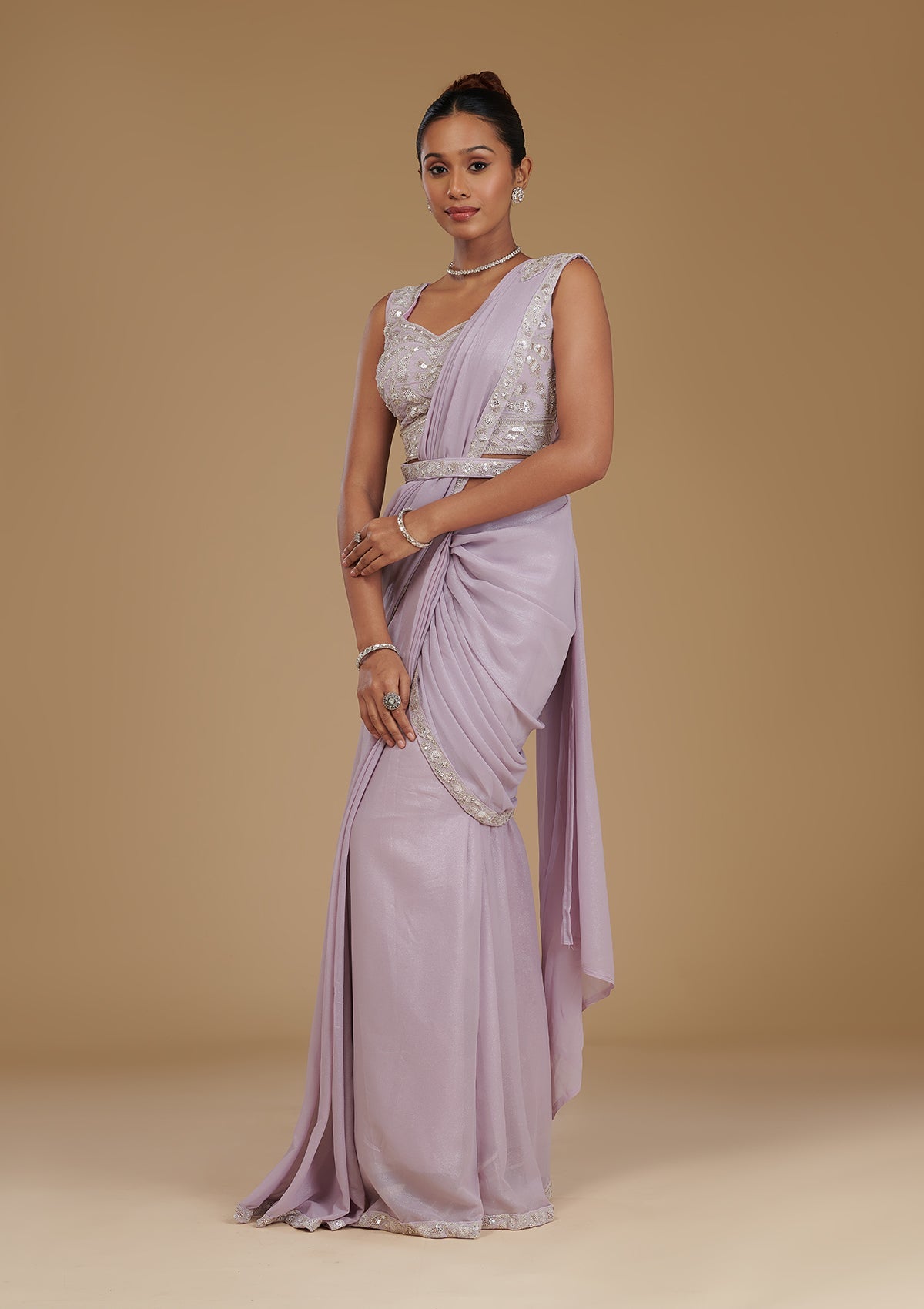 Koskii Lavender Cutdana Chiffon Readymade Saree
