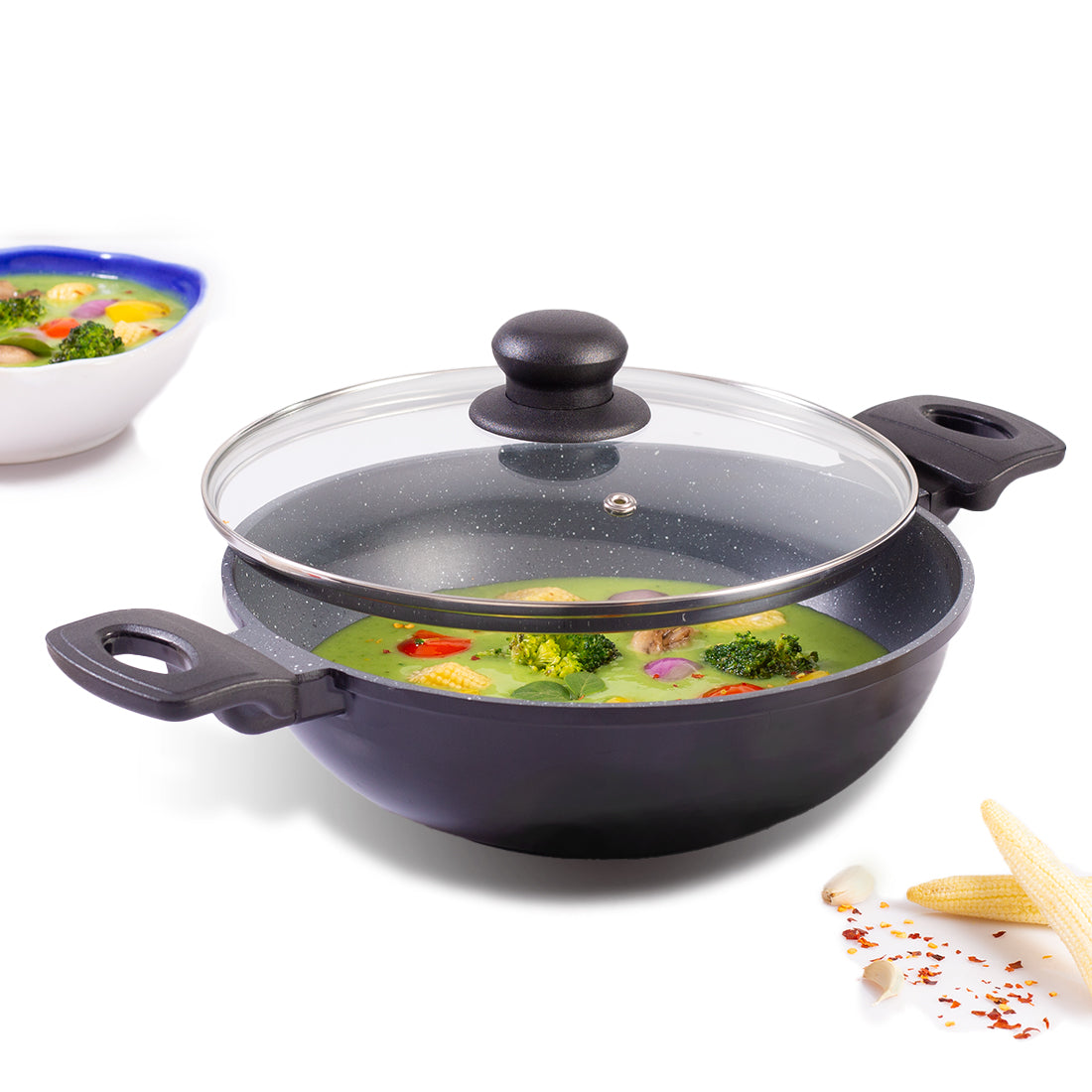 Wonderchef Duralite Die-Cast Kadhai with Lid | 24 cm | 2.4 L