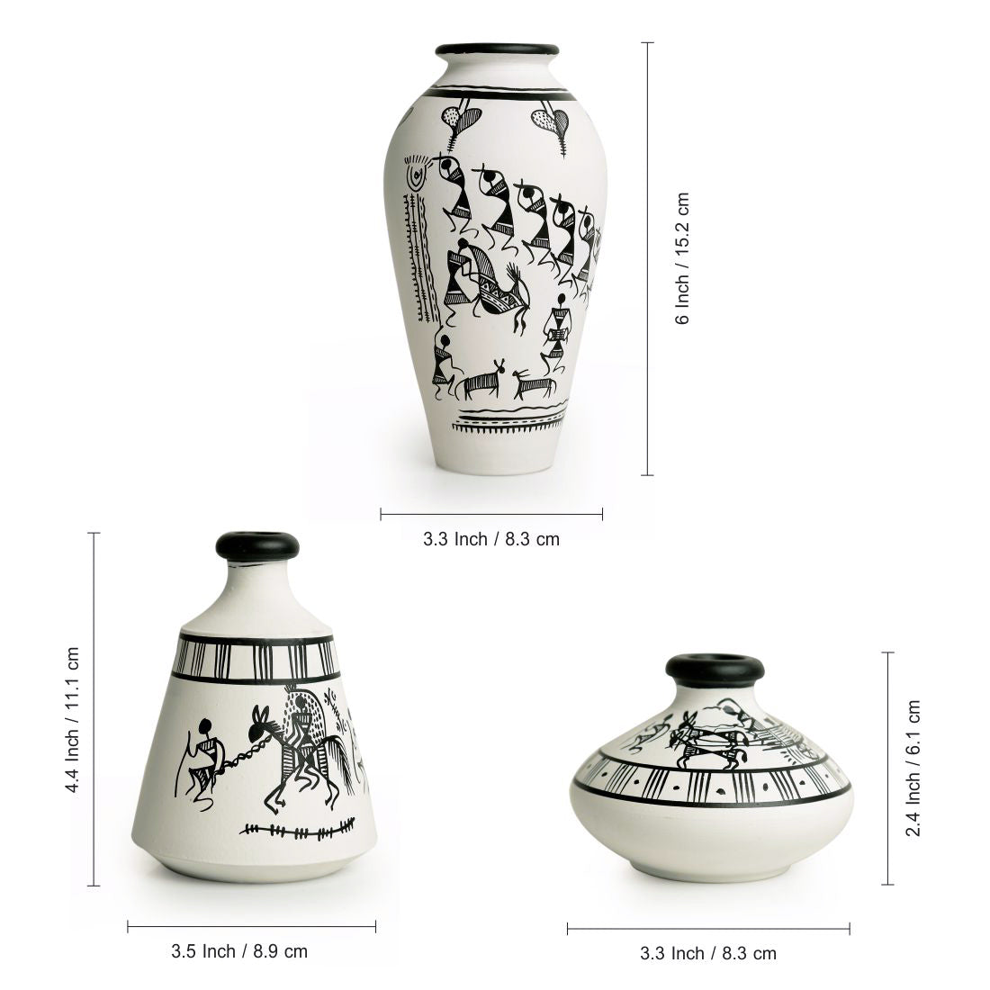 EXCLUSIVELANE 'Warli White Matkis' Handpainted Terracotta Vases (Set of 3) - view 6