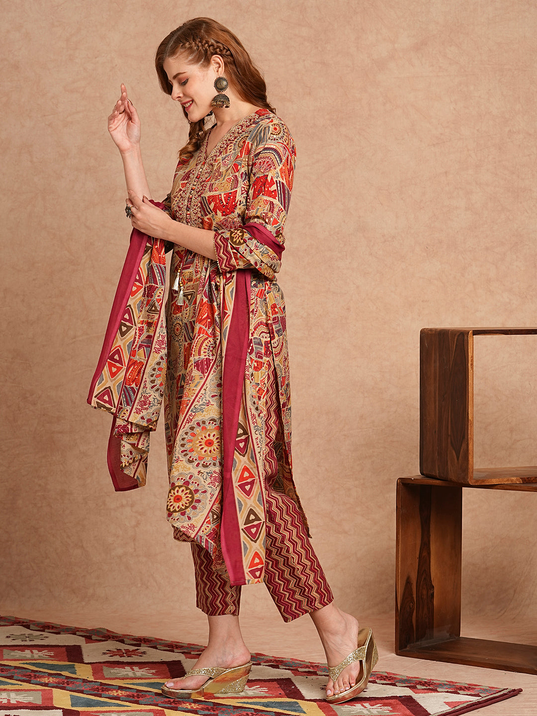 FASHOR Ethnic Foil Printed & Embroidered Straight Kurta with Pant & Dupatta - Maroon - view 4