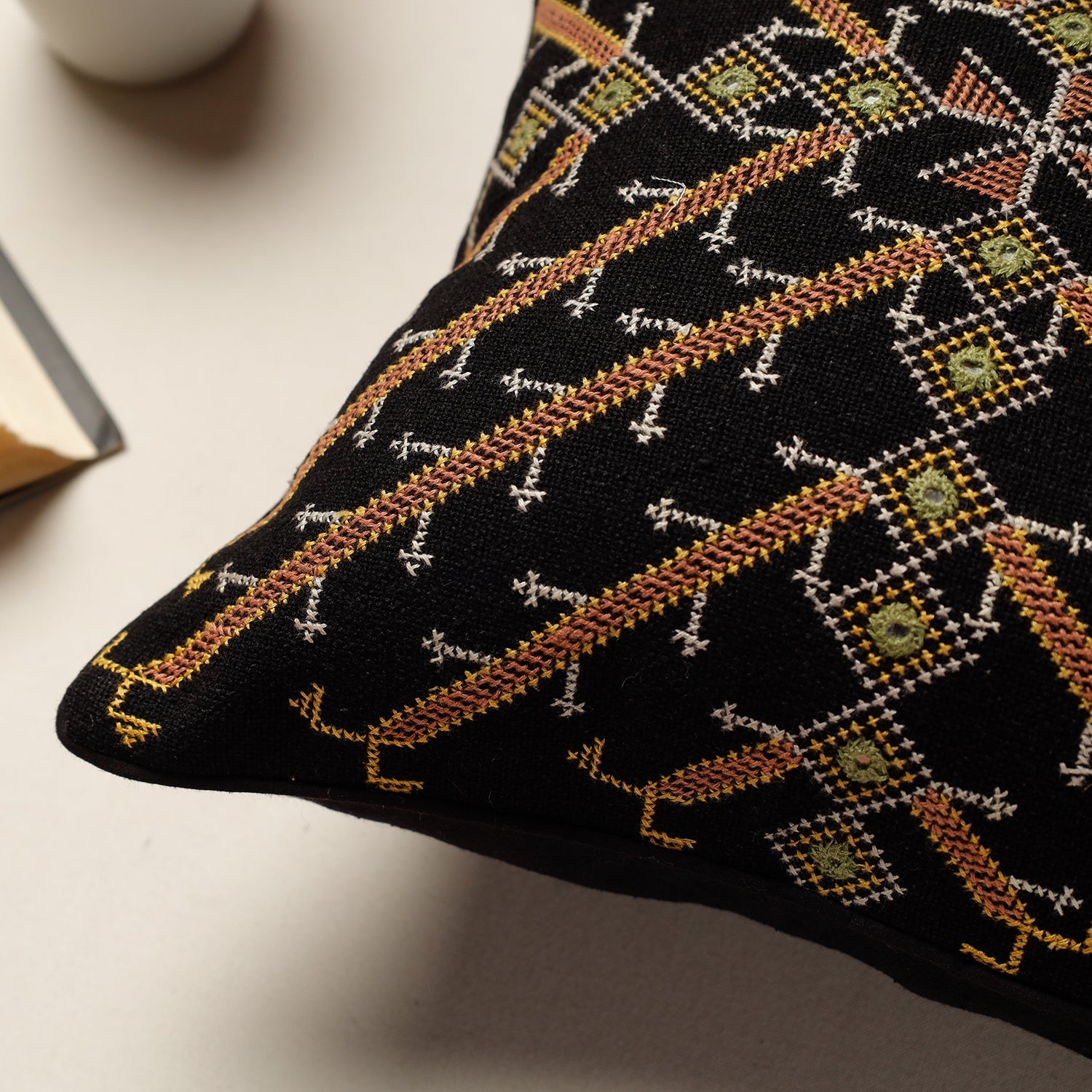 Black - Kala Raksha Jat Hand Embroidery Cotton Cushion Cover (12 x 12 in) - view 2