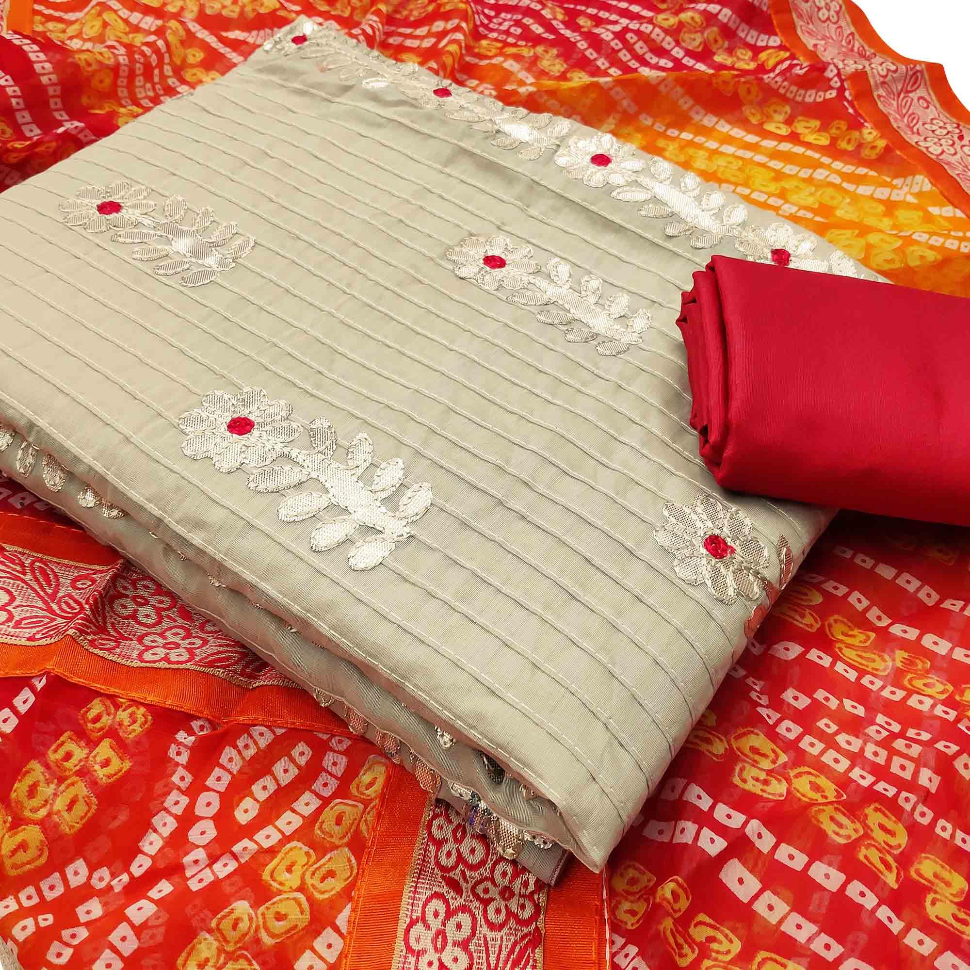 Peachmode Impressive Beige Colored Casual Wear Embroidered Cotton Dress Material With Bandhani Dupatta