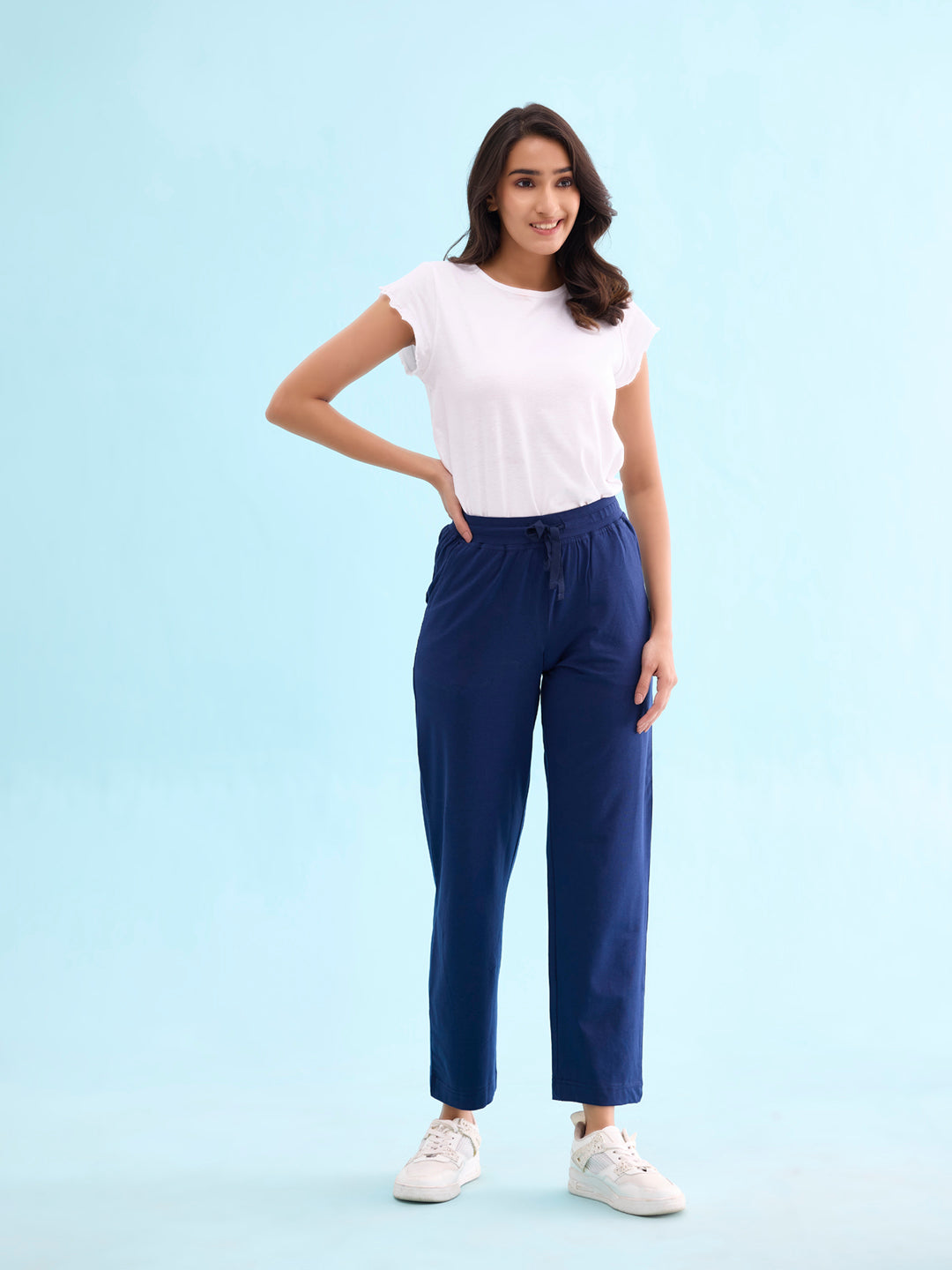 Go Colors Women Solid Navy Mid Rise Track Pant