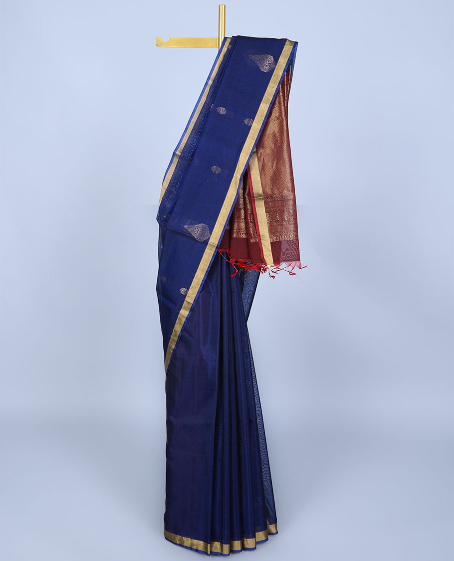 Pothys Blue silk cotton saree with zari buttas, bavanji zari border & contrast pallu of jaal designs