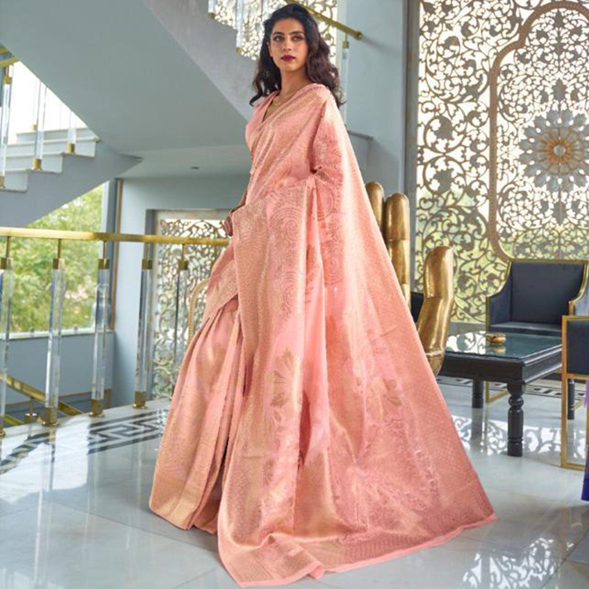 Peachmode Charming Pink Coloured Partywear Pure Modal Woven Silk Saree