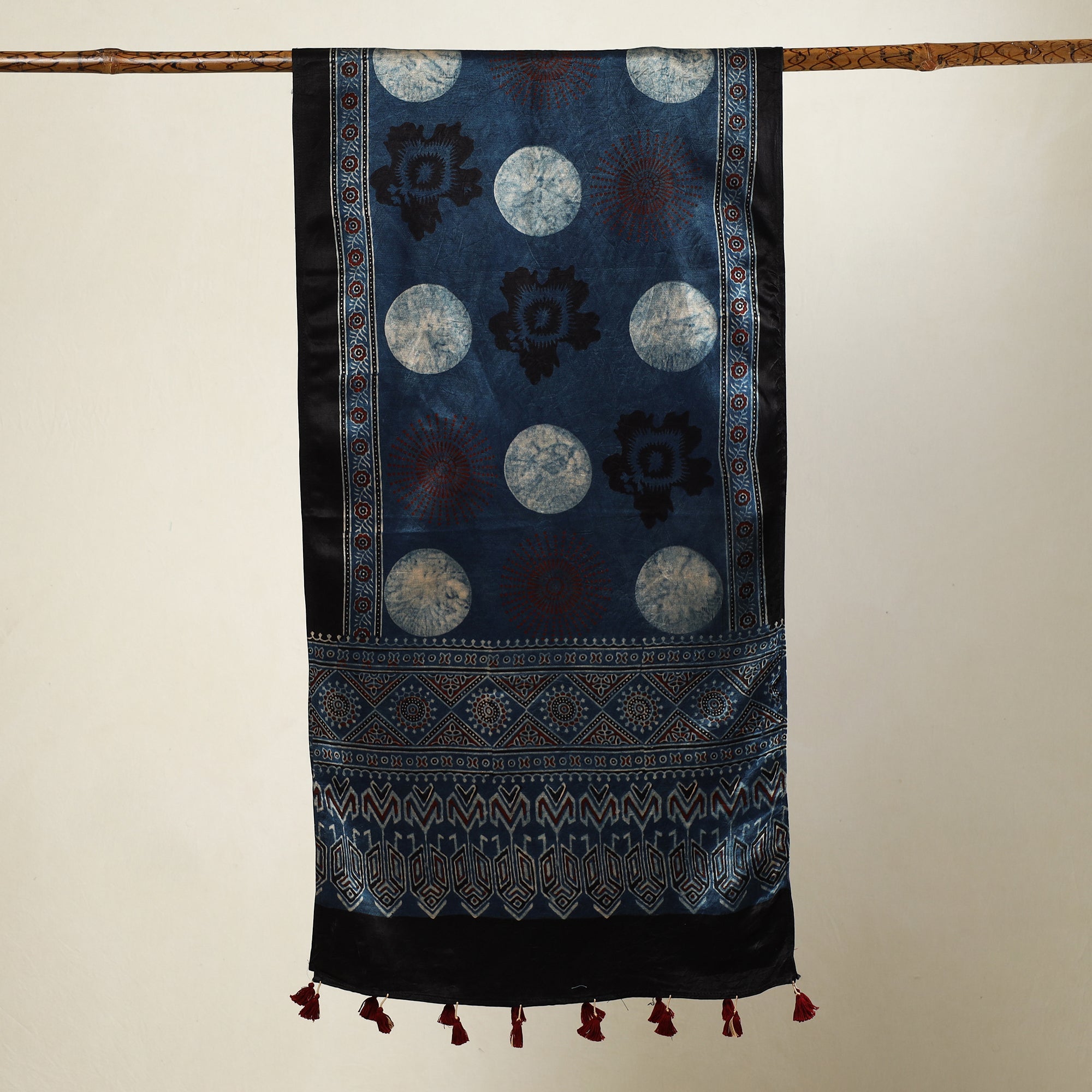RIYAZ ABDULMAJID KHATRI - AJRAKH Blue - Ajrakh Block Printed Mashru Silk Stole with Tassels - view 2