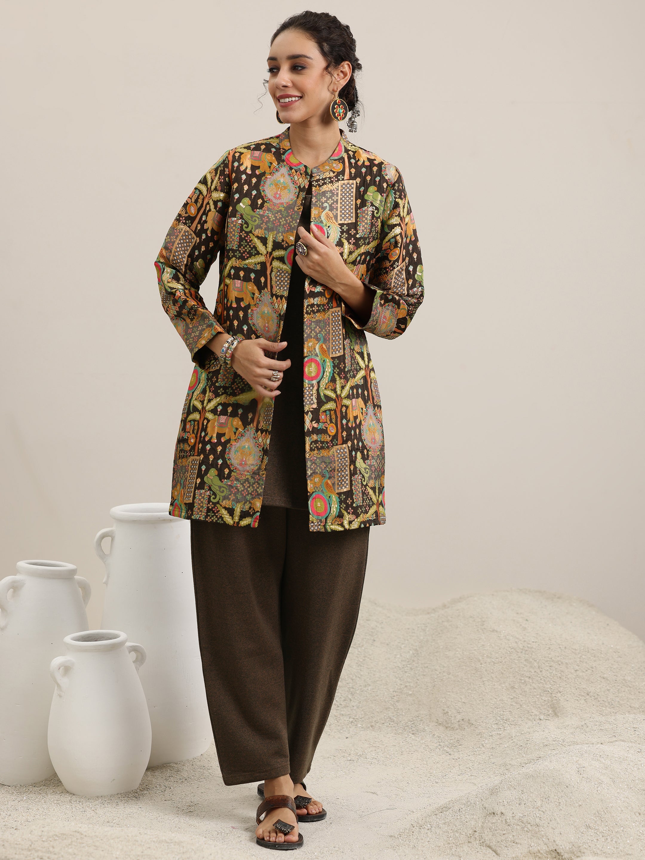 Libas Brown Solid Wool Blend Straight Kurta With Palazzos - view 2