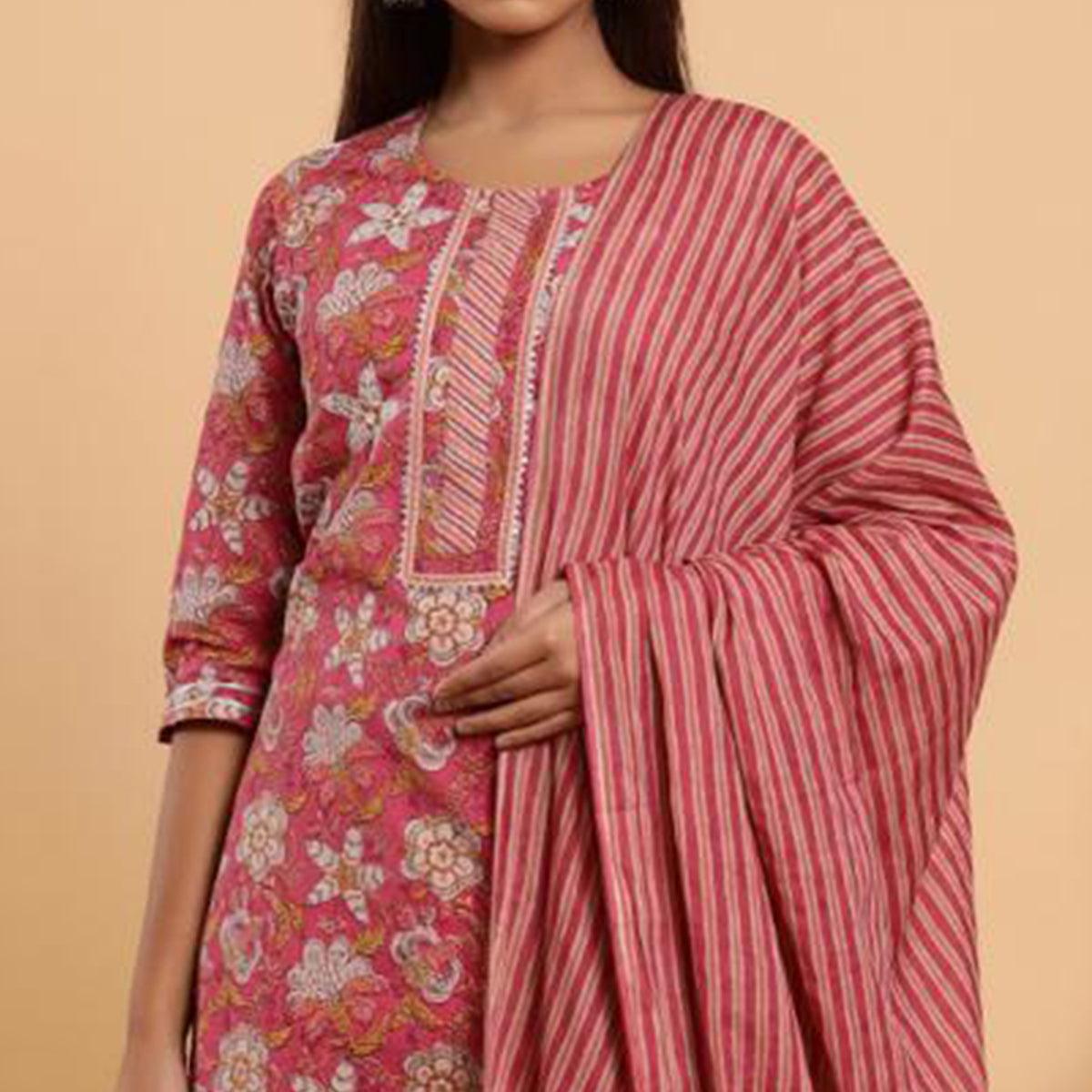 Peachmode Glorious Pink Colored Casual Wear Printed Cotton Kurti - Palazzo Set With Dupatta - view 2