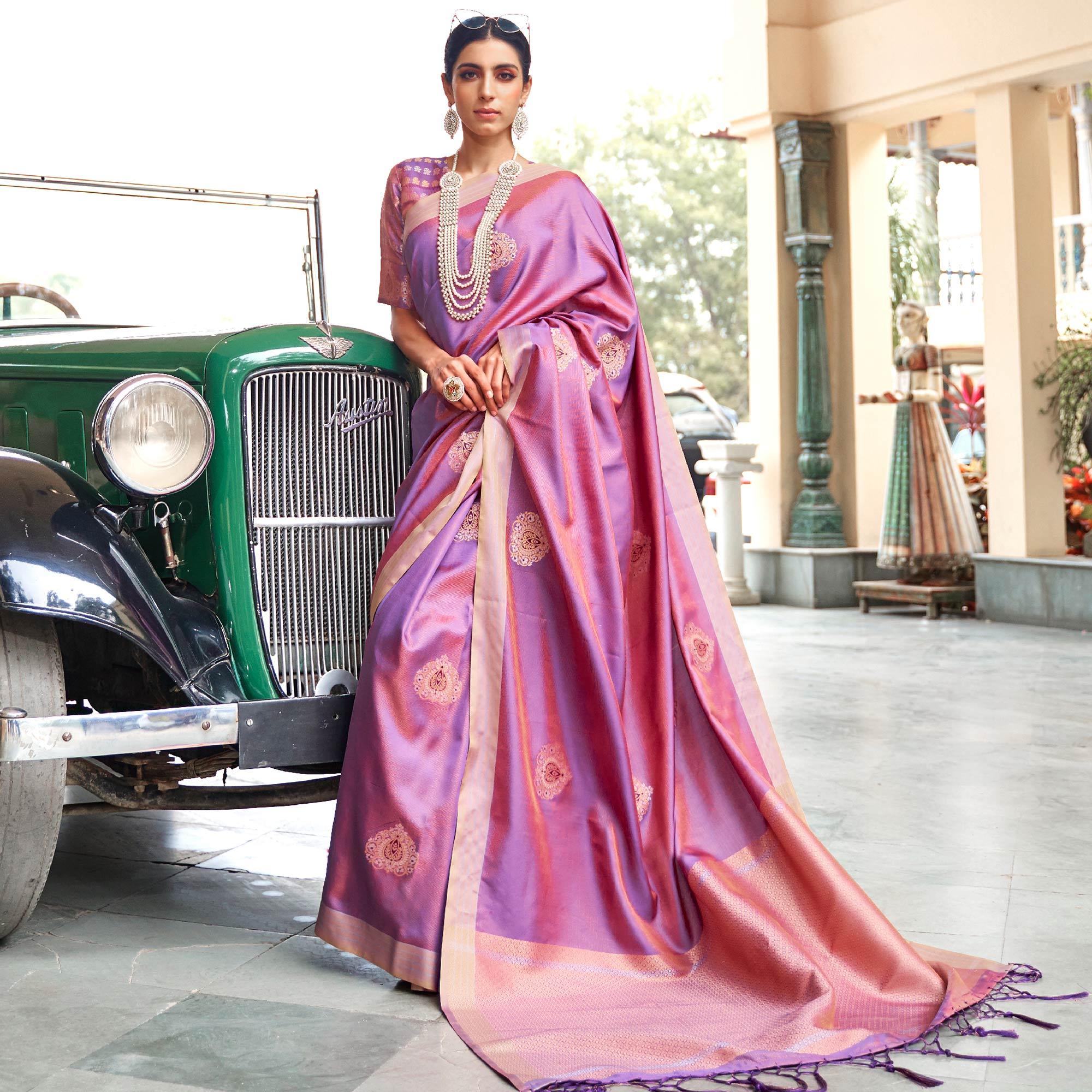 Peachmode Engrossing Purple Colored Zari Work Festive Wear Banarasi Silk Saree