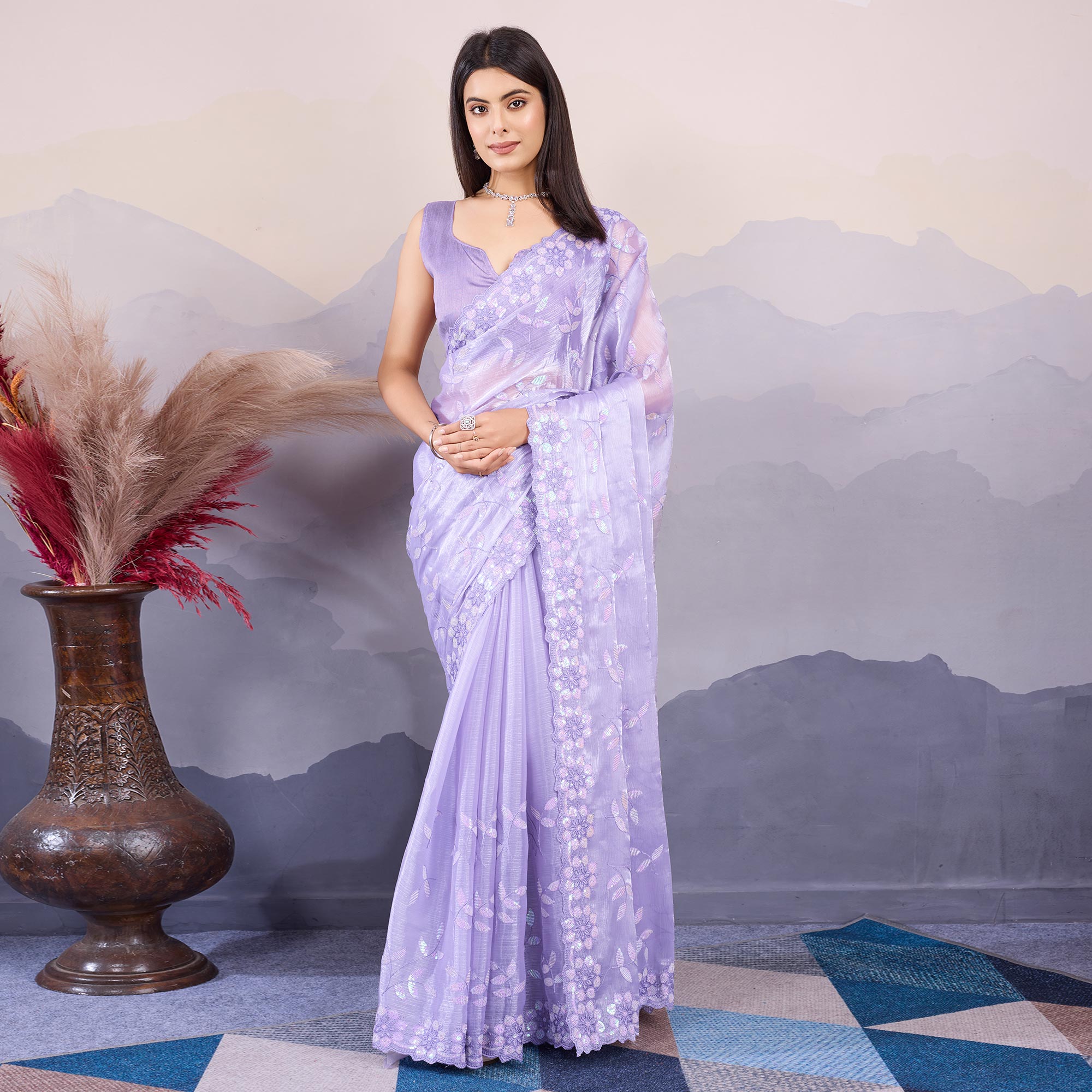 Peachmode Lavender Sequins Embroidered Art Silk Saree