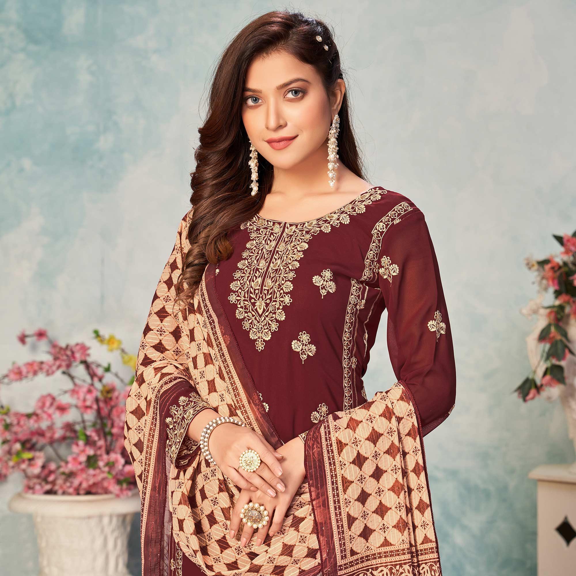 Peachmode Brown Partywear Embroidered Faux Georgette Salwar Suit - view 4