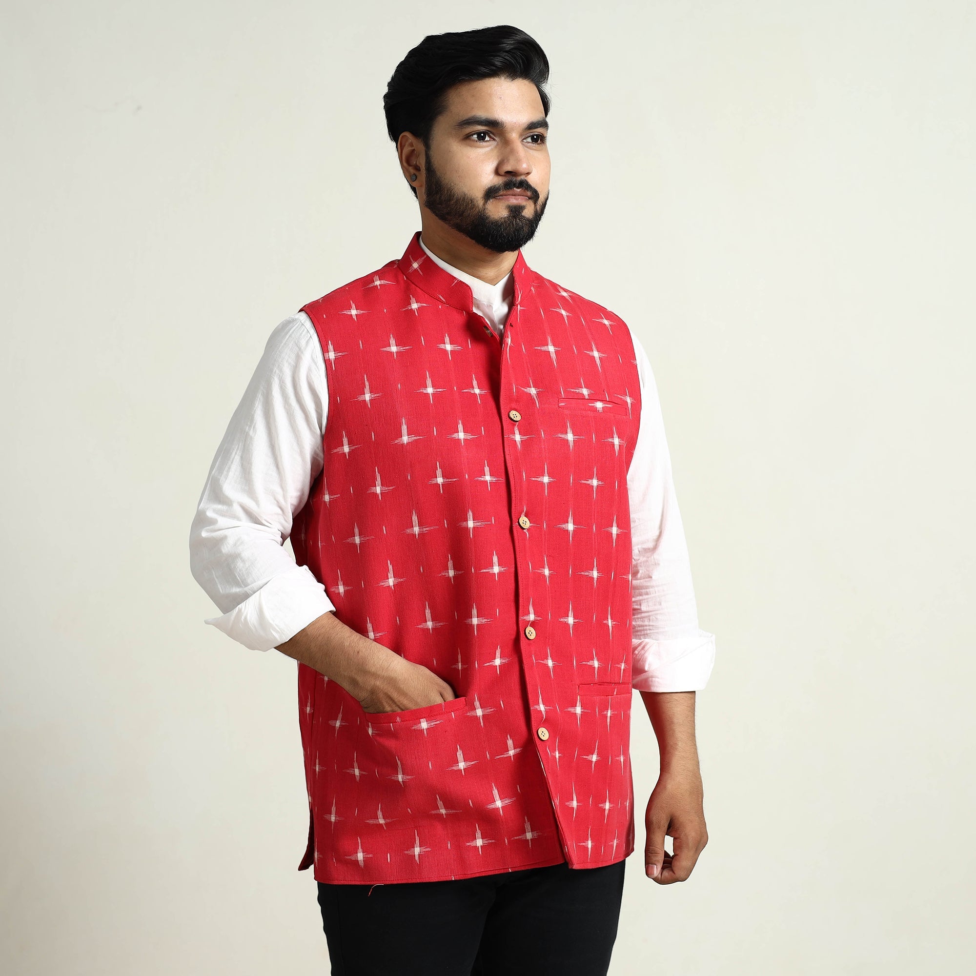 ITOKRI CASUALS Black - Pochampally Double Ikat Handloom Cotton Men Nehru Jacket 09 - view 2