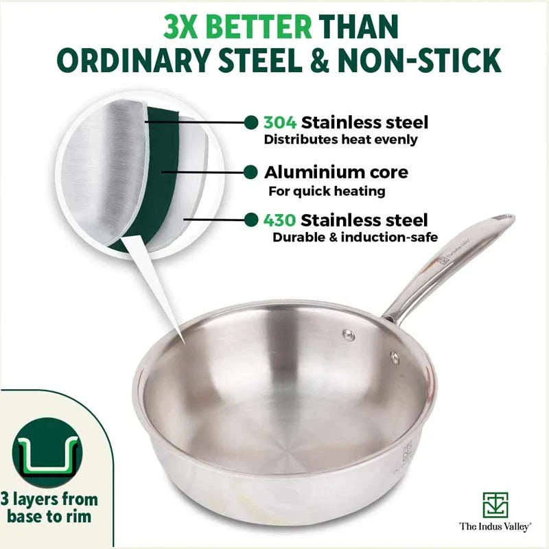 The Indus Valley TurboCuk Tri-ply Stainless Steel Deep Fry Pan, Premium Quality, 3 Layer Thick Body, 100% Toxin-free, Non-stick, Induction & Gas, 22.1 - view 5