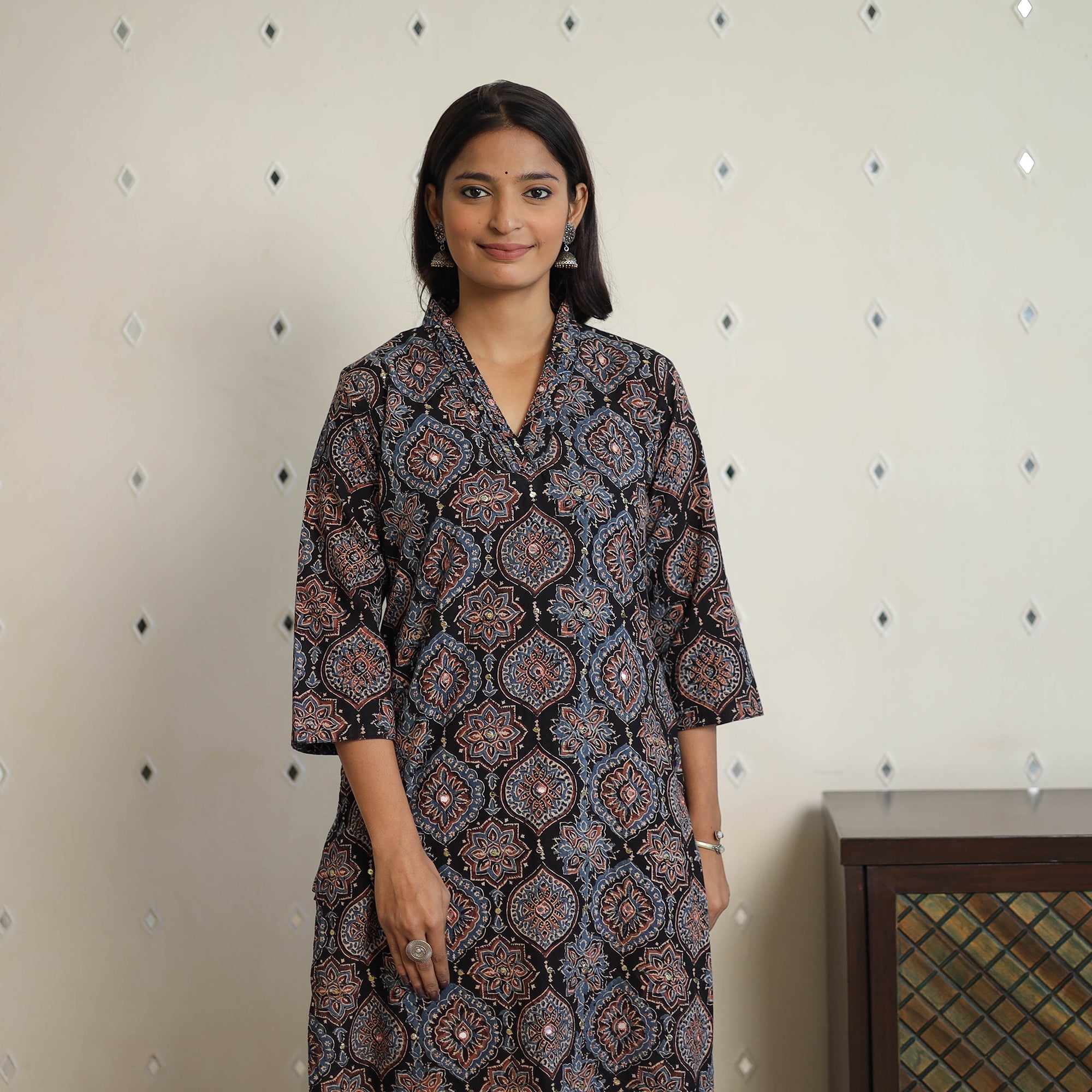 ITOKRI CASUALS Black - Sequins Work Cotton Straight Ajrakh Print Kurta 07