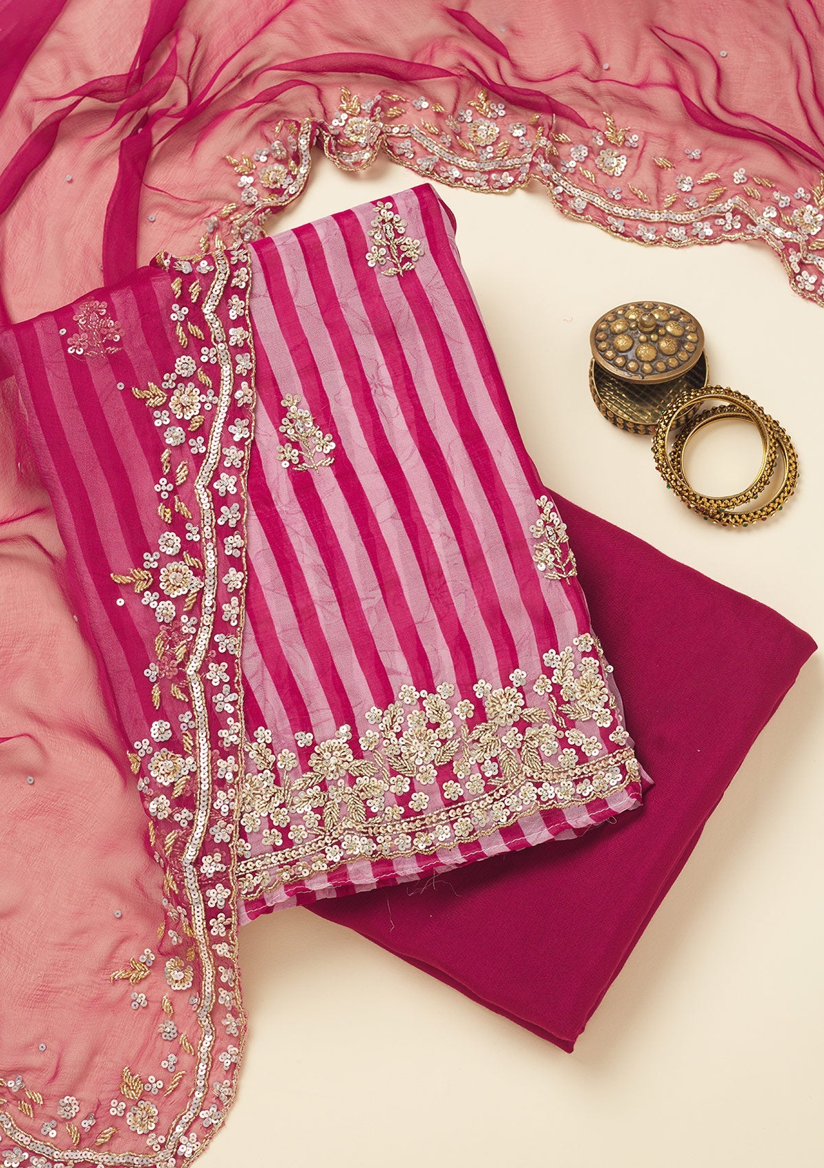 Koskii Rani Pink Cutdana Semi Crepe Unstitched Salwar Suit