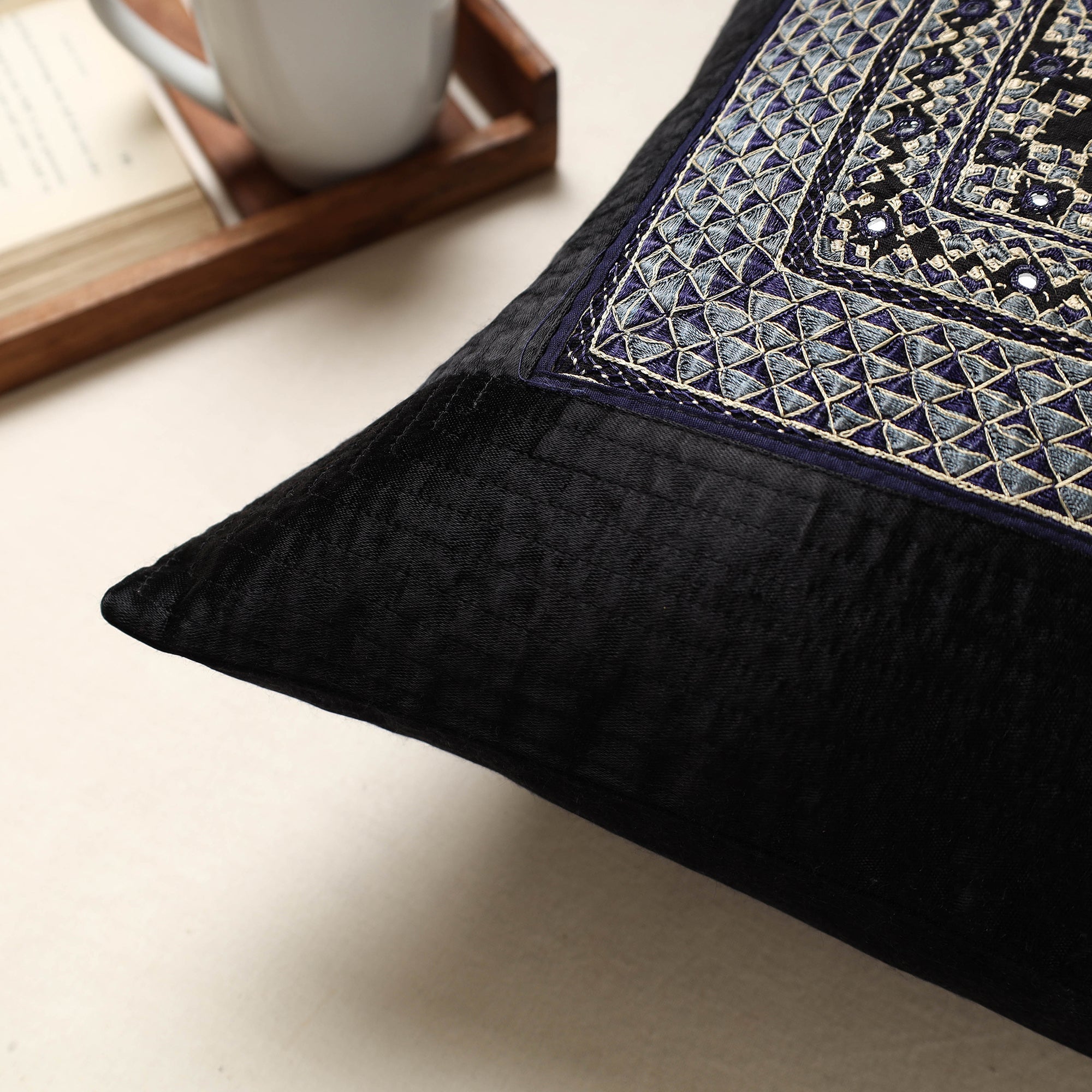 QASAB Black - Kutch Neran Hand Embroidery Mashru Silk Cushion Cover (16 x 16 in) - view 2