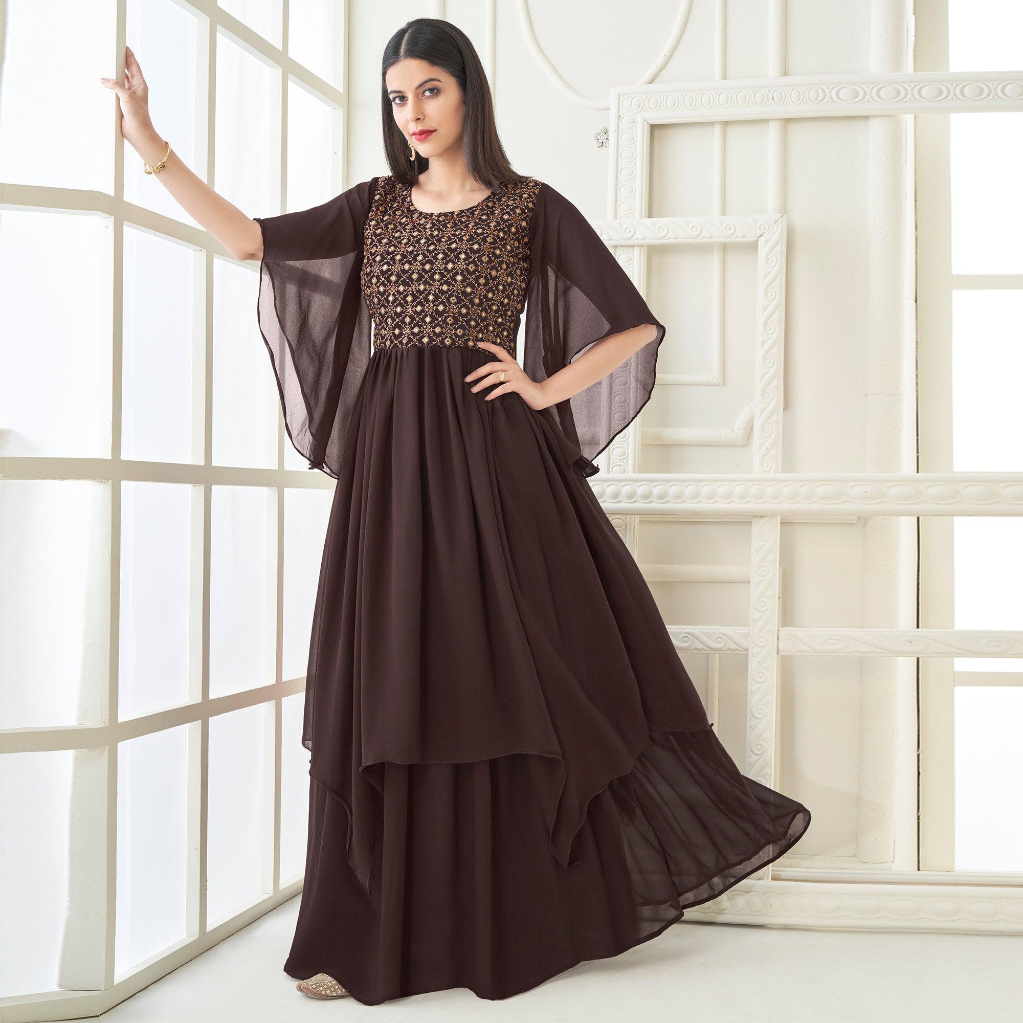 Peachmode Seller Brown Partywear Embroidered with Handwork Heavy Georgette Gown