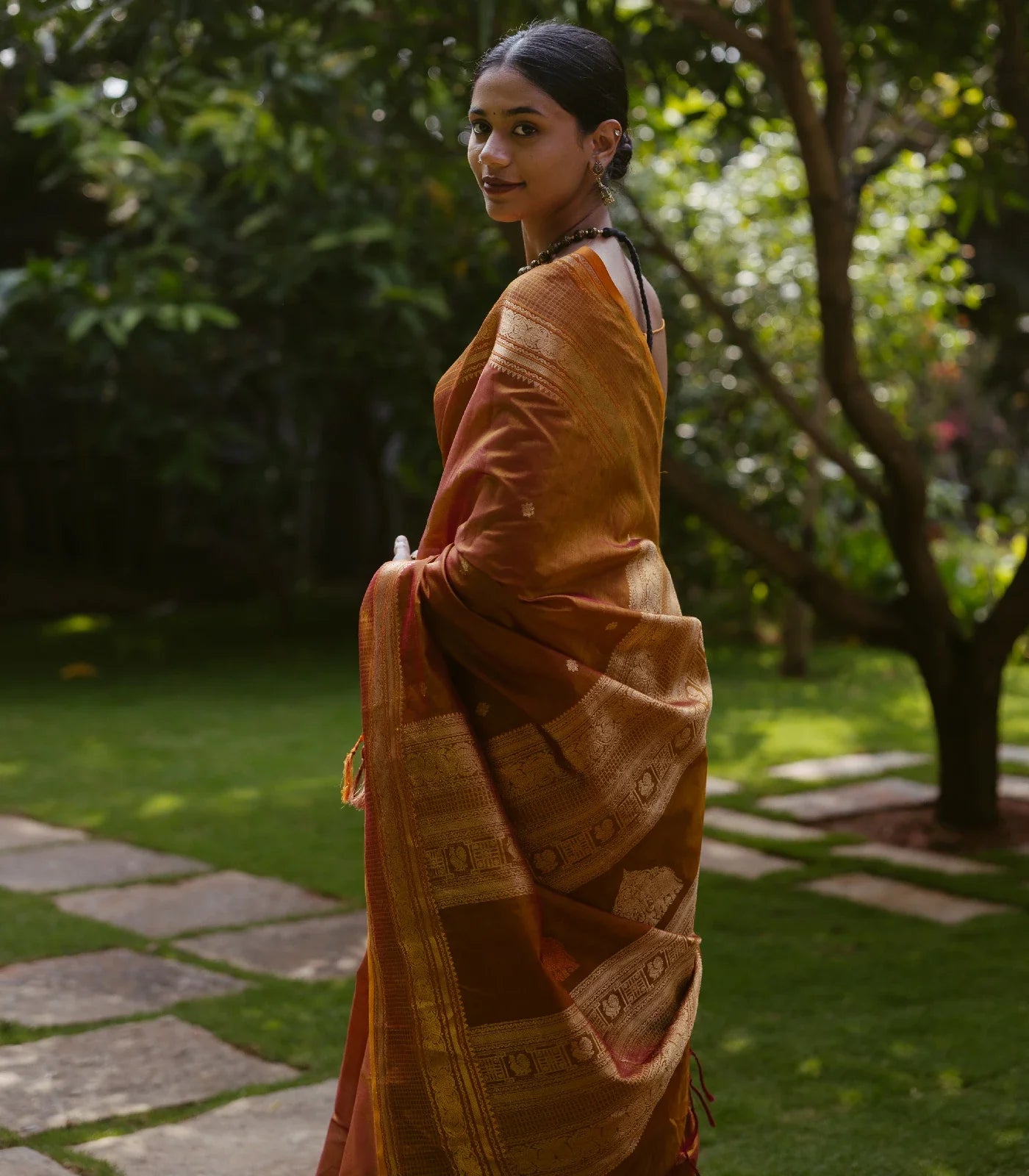 RmKV Honey Amber Handloom Silk Cotton With Kalamam Buttas and Checked border - view 2