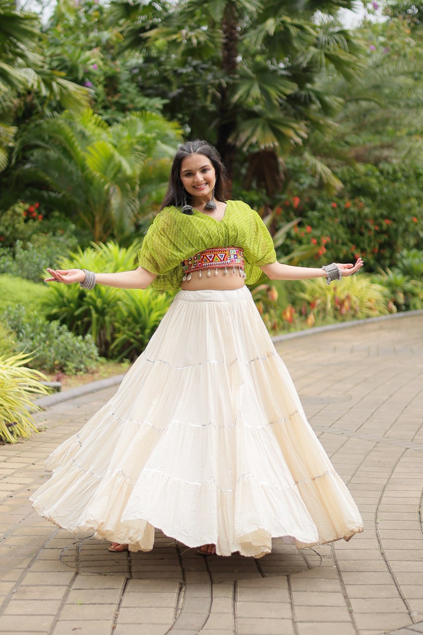 ClothsVilla Green Elegant Lehenga with Leheriya Print Blouse