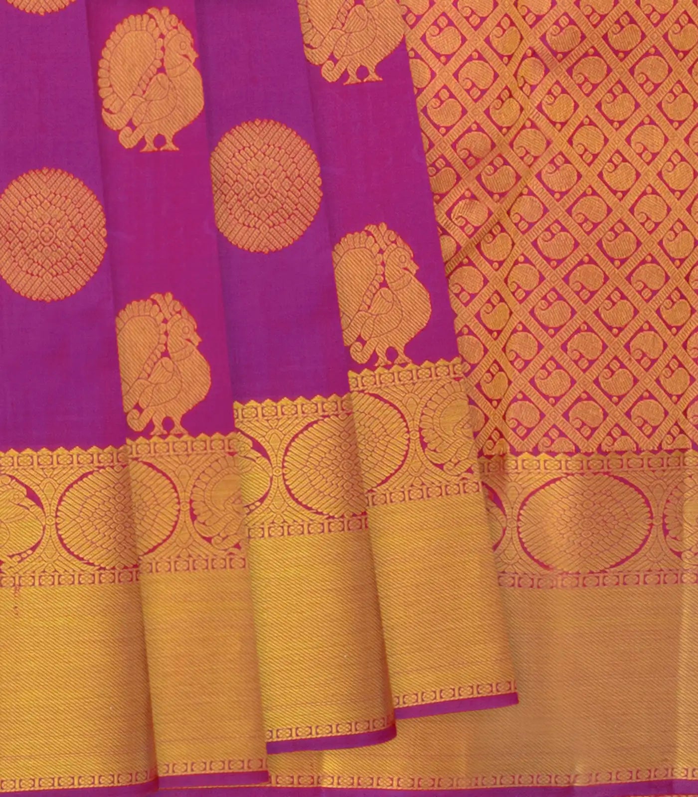 RmKV Hot Pink Kanchipuram Handloom Silk Saree With Annam Butta-Hot Pink