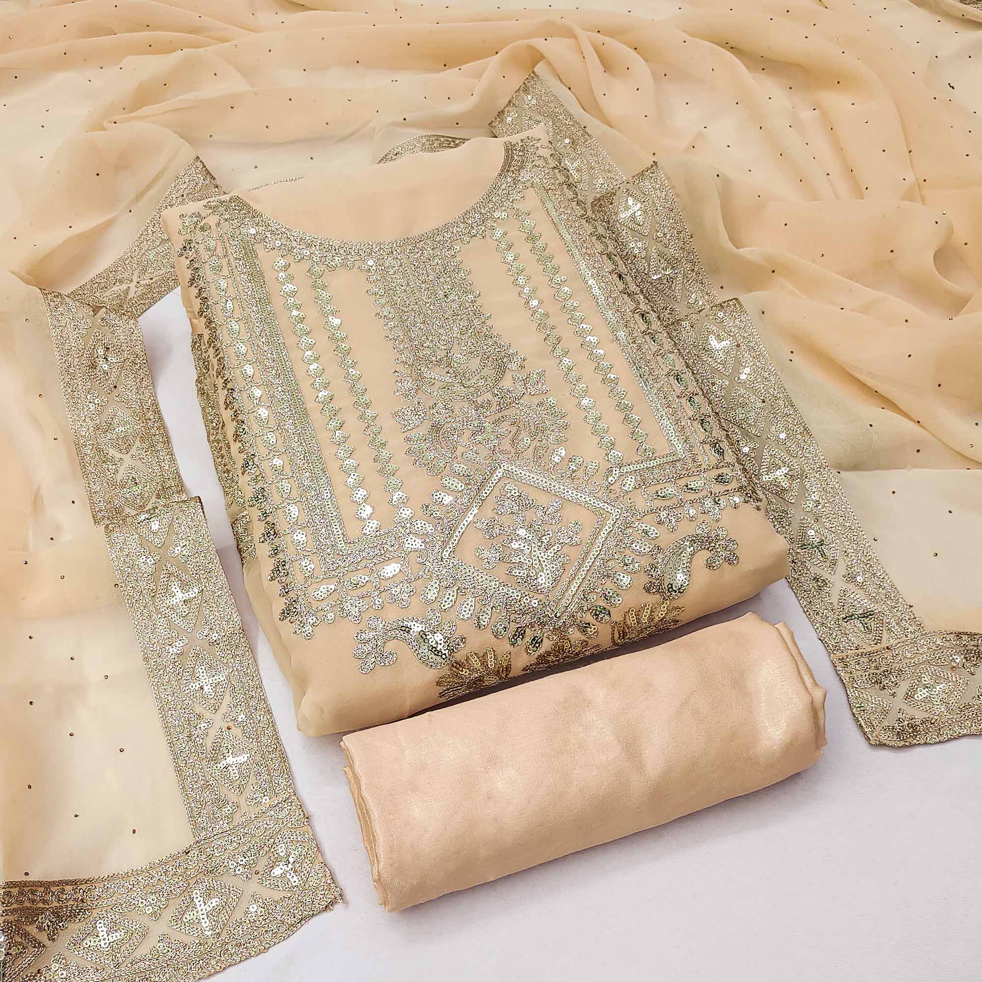 Peachmode Chikoo Floral Sequins Embroidered Georgette Dress Material