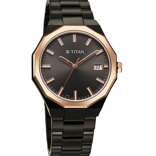 Titan Regalia Dodecagon Quartz Analog with Date Grey Dial Black Stainless Steel Strap Watch For Men 40mm 90212KM02 - view 2