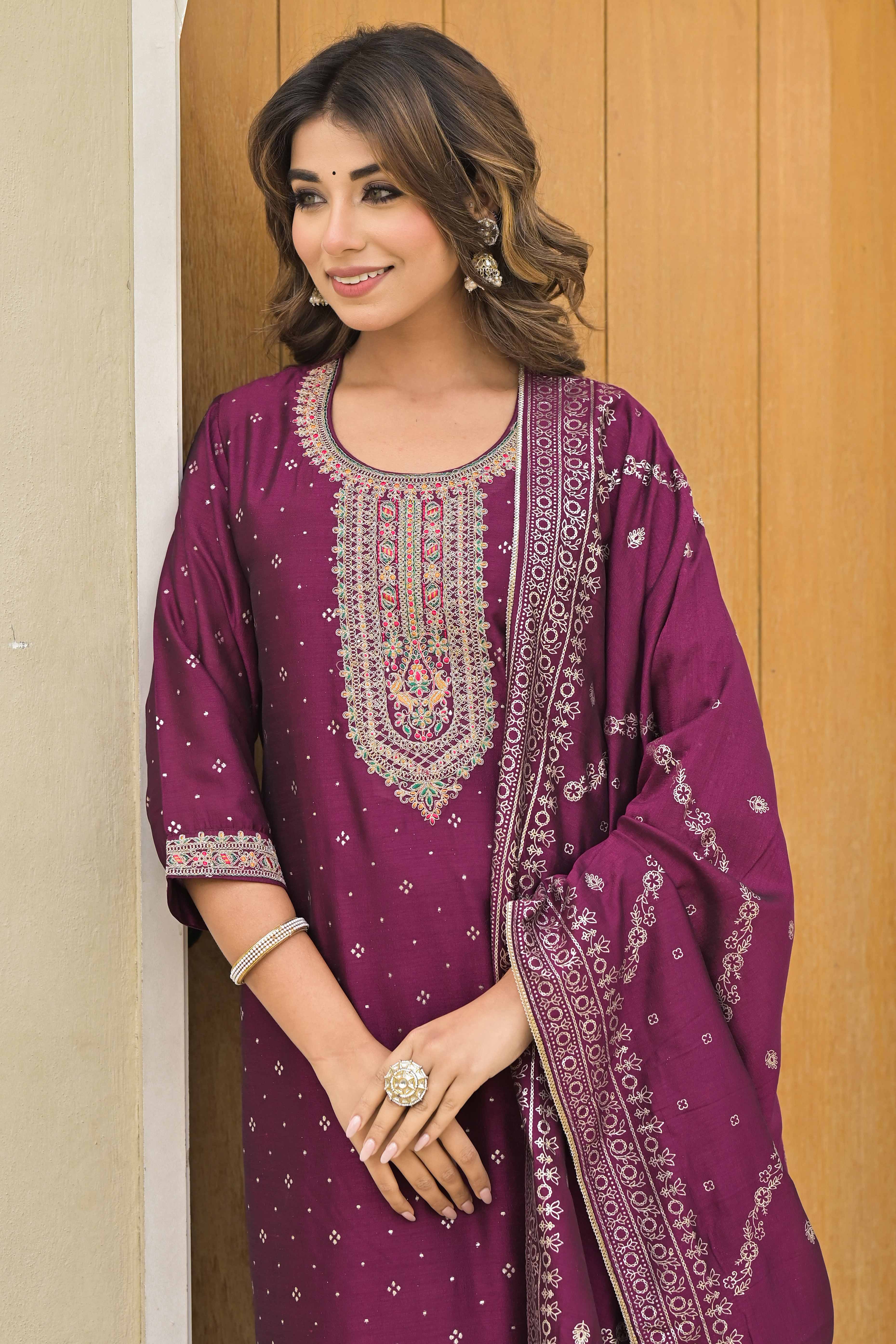 Peachmode Dark Purple Golden Embroidered Vichitra Silk Salwar Suit - view 8