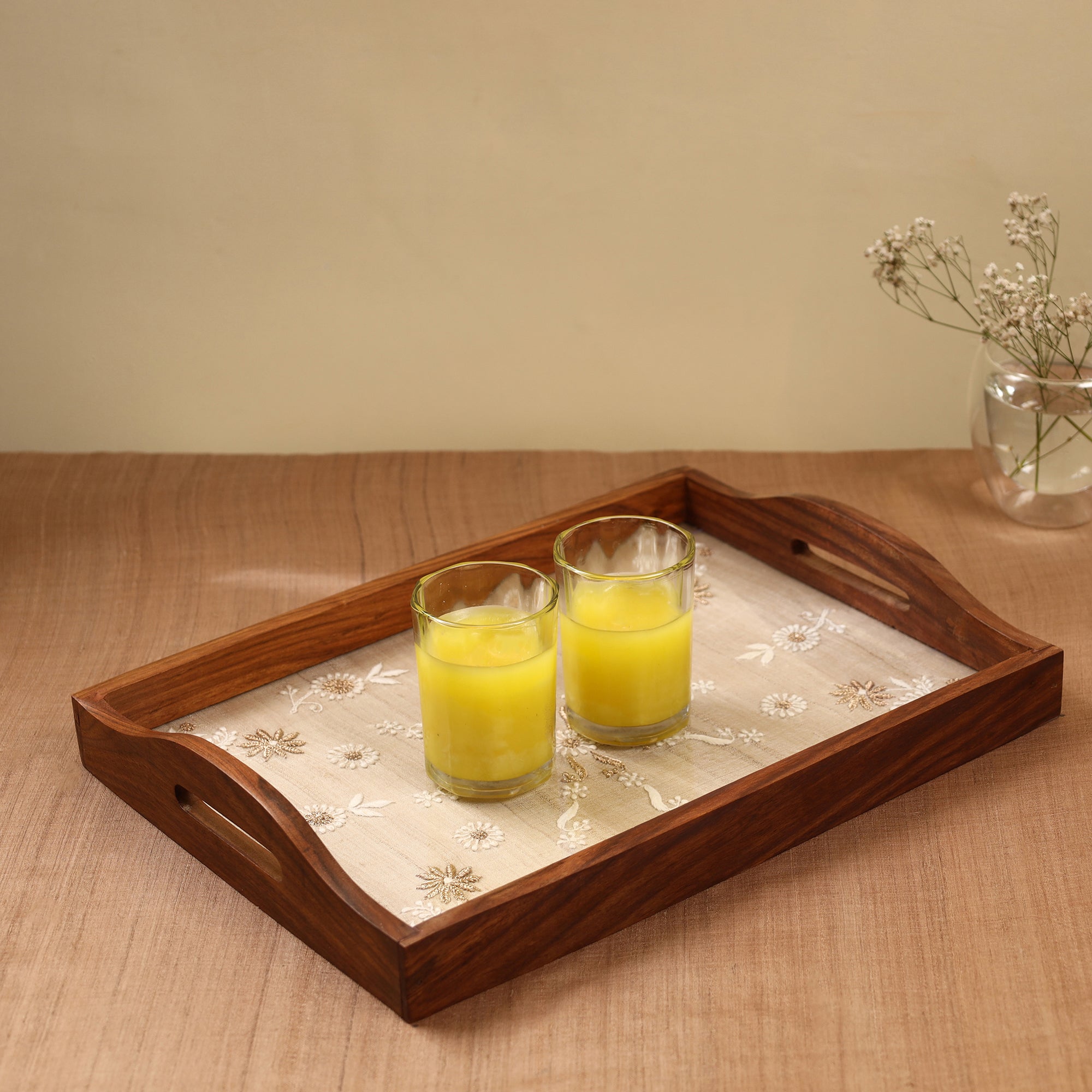 LAVANGG Beige - Chikankari Zari Hand Embroidered Sheesham Wood Tray