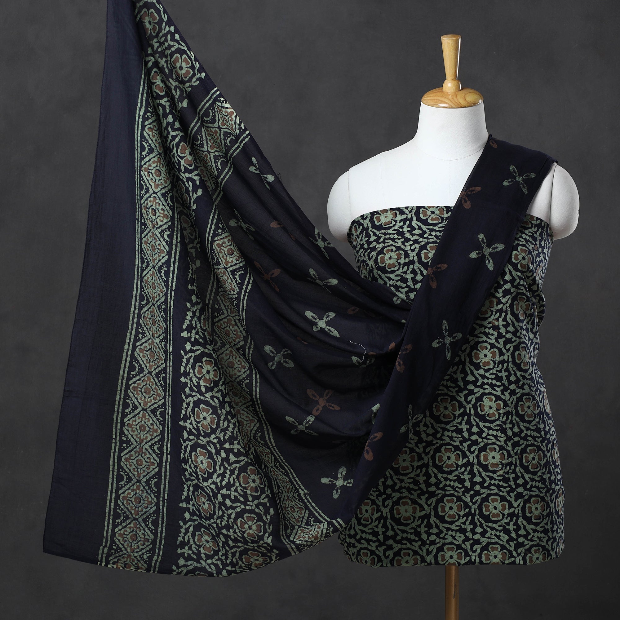 KACHCHH JI CHHAAP Green - Kutch Print 3pc Cotton Batik Dress Material 48