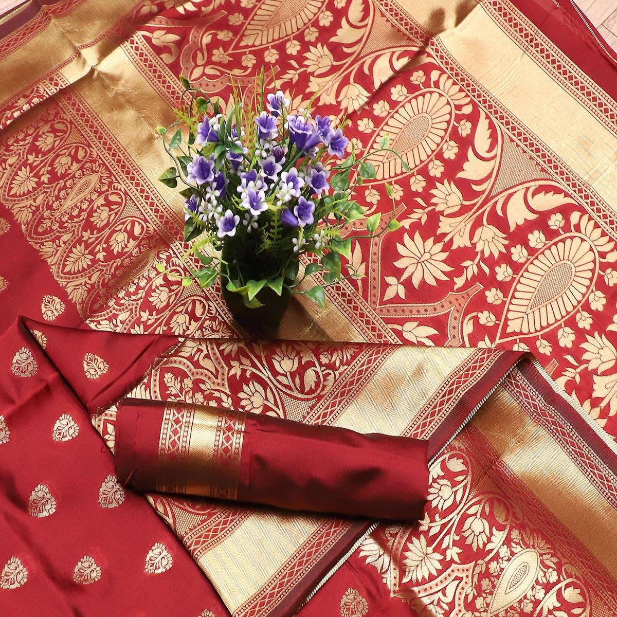 Peachmode Lovely Maroon Colored Festive Wear Woven Banarasi Silk Saree - view 2