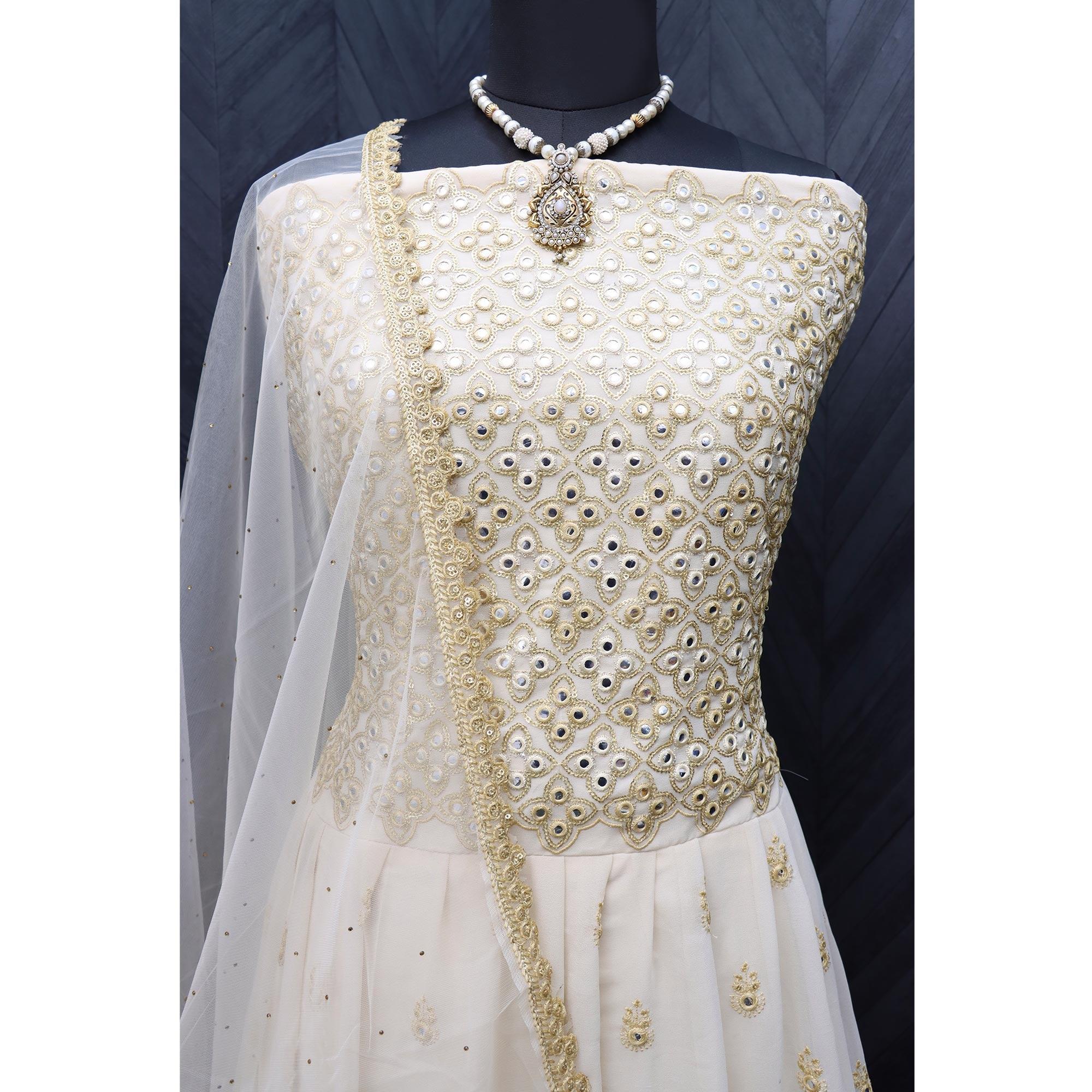 Peachmode Cream Embroidered Georgette Gown - view 6