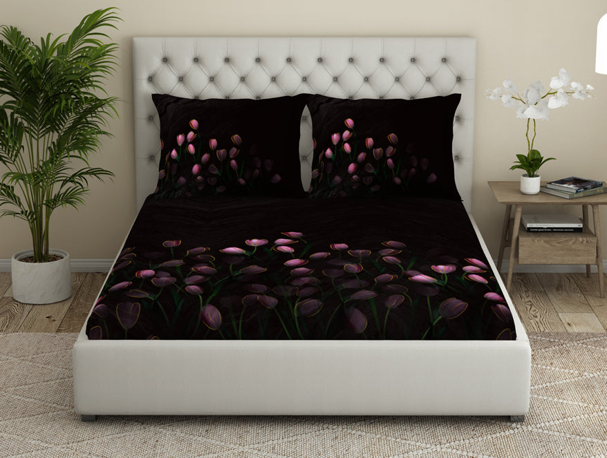 Spaces India Floral Dark Grey 100% Cotton King Size Bedsheet Elegance - By Elegance