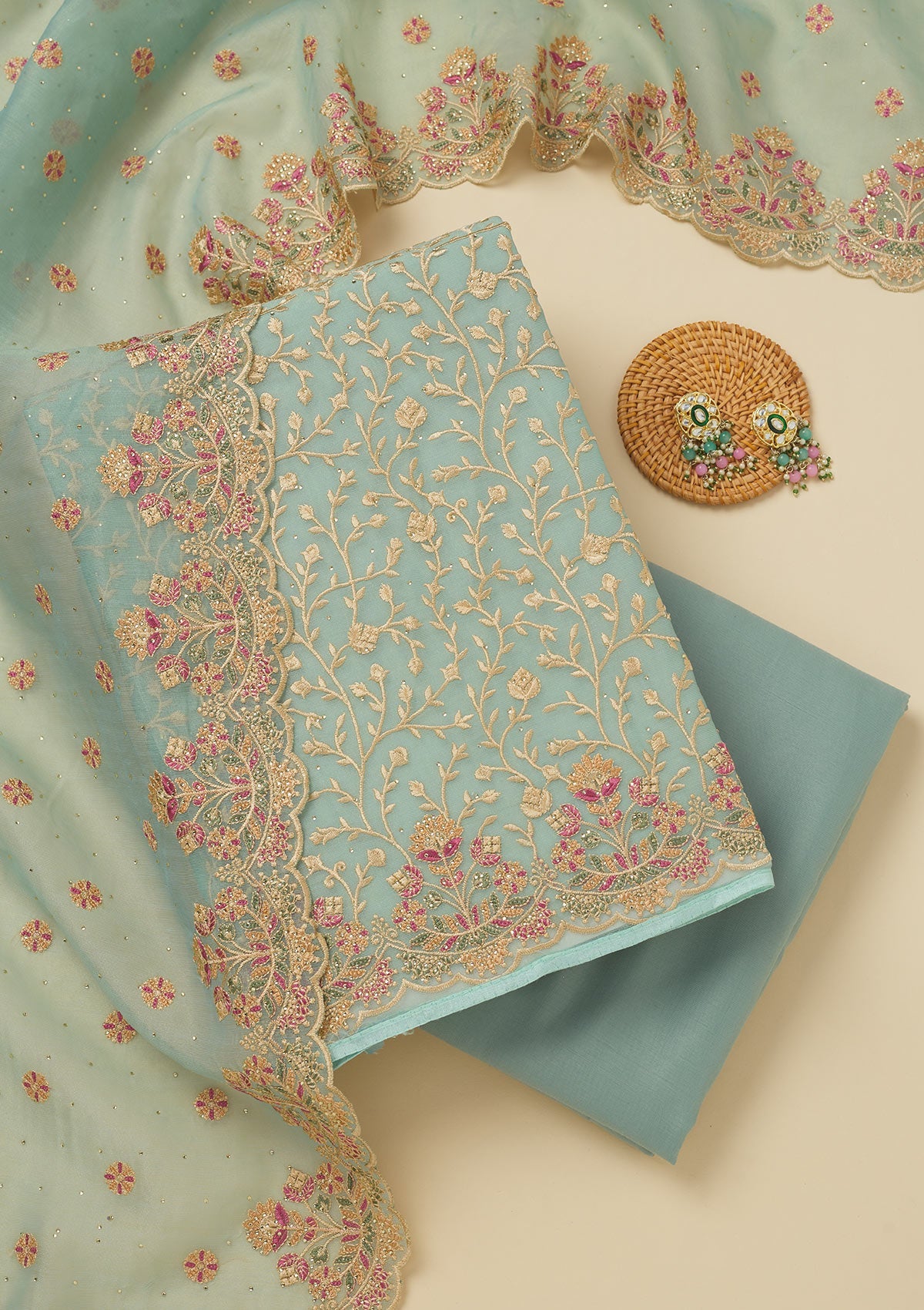 Koskii Sky Blue Threadwork Organza Unstitched Salwar Suit