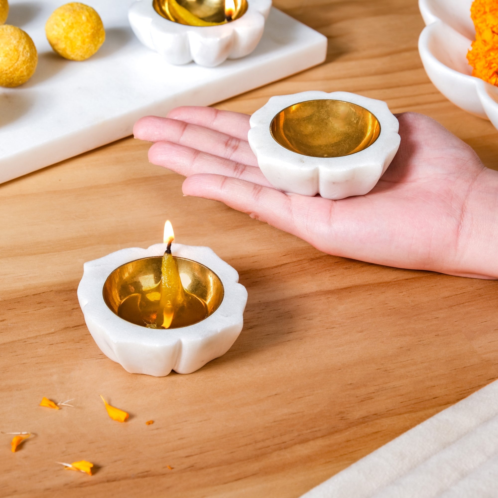 Nestasia Mehrab Artistry Marble And Brass Diya Set Of 2 - view 2