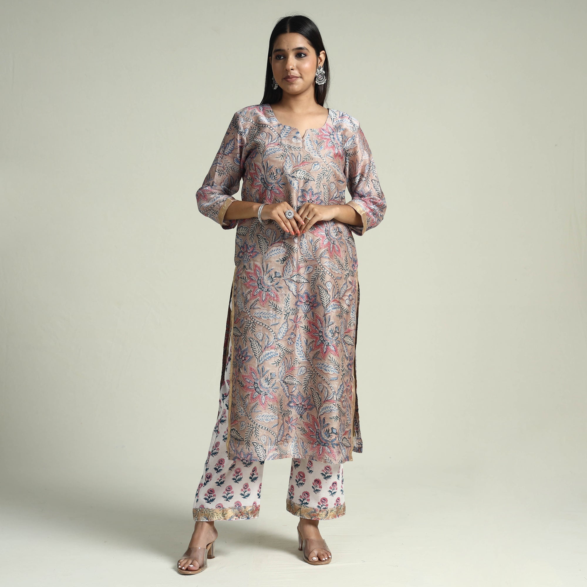 ITOKRI CASUALS Brown - Sanganeri Block Printed Maheshwari Silk Kurta with Palazzo & Dupatta Set - view 4