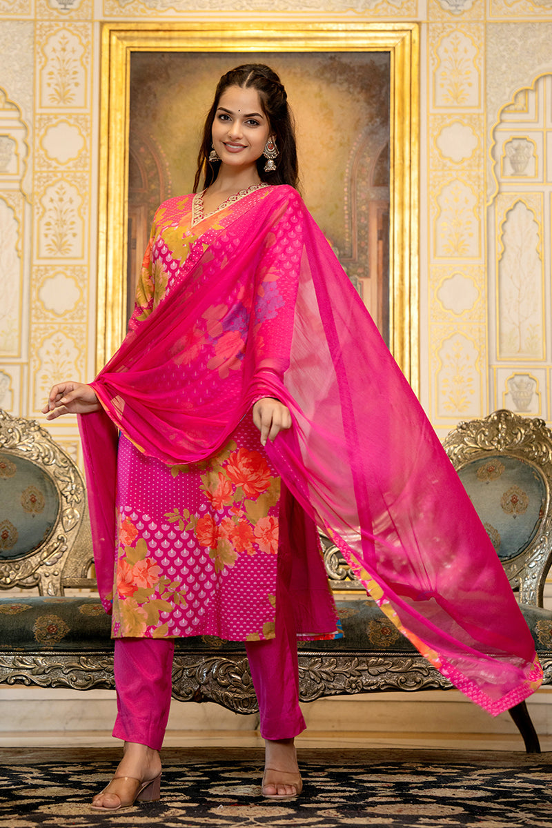 Ahika Pink Silk Blend Floral Printed Straight Suit Set With Trouser Bottom PKSKD2703 - view 6