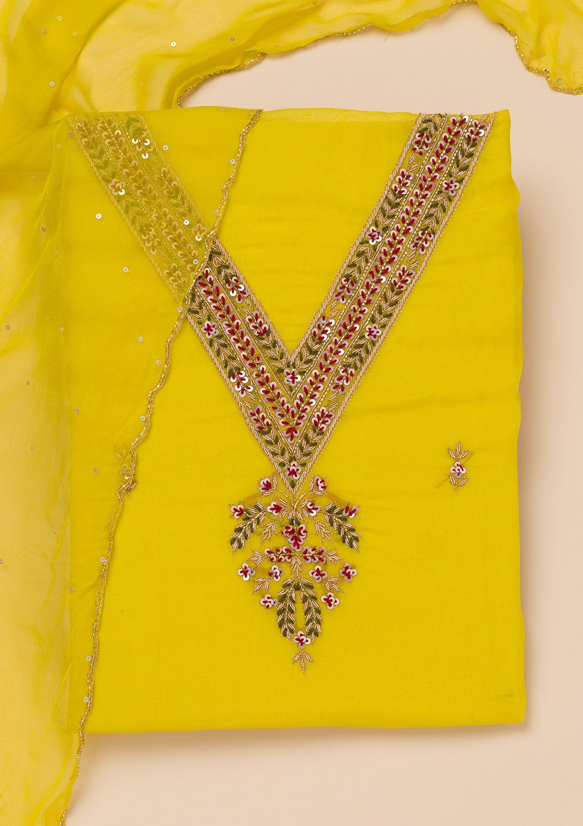 Koskii Yellow Threadwork Tissue Unstitched Salwar Suit - view 6