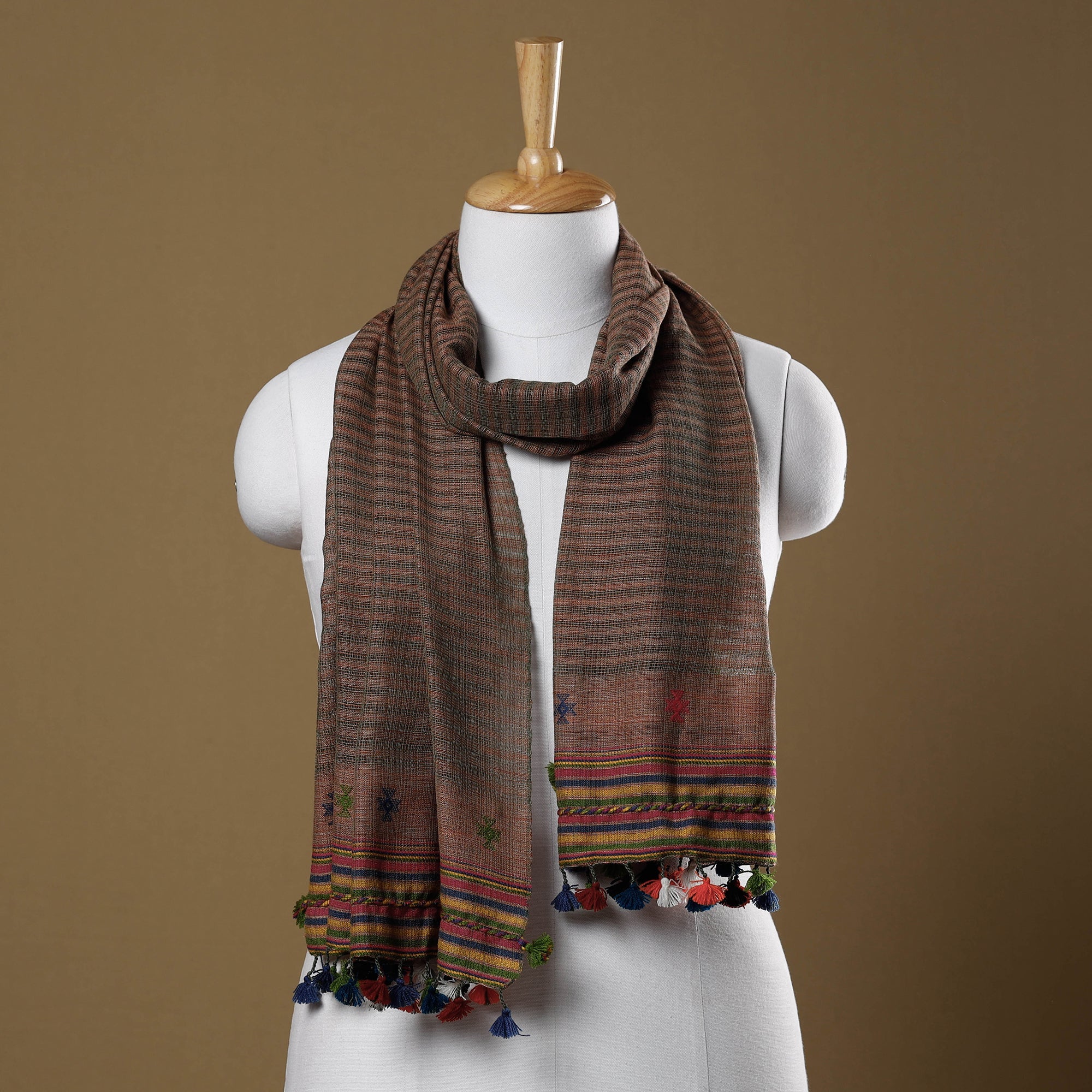 KACHCHH JI CHHAAP Brown - Kutch Bhujodi Weave Handloom Cotton Stole with Tassels