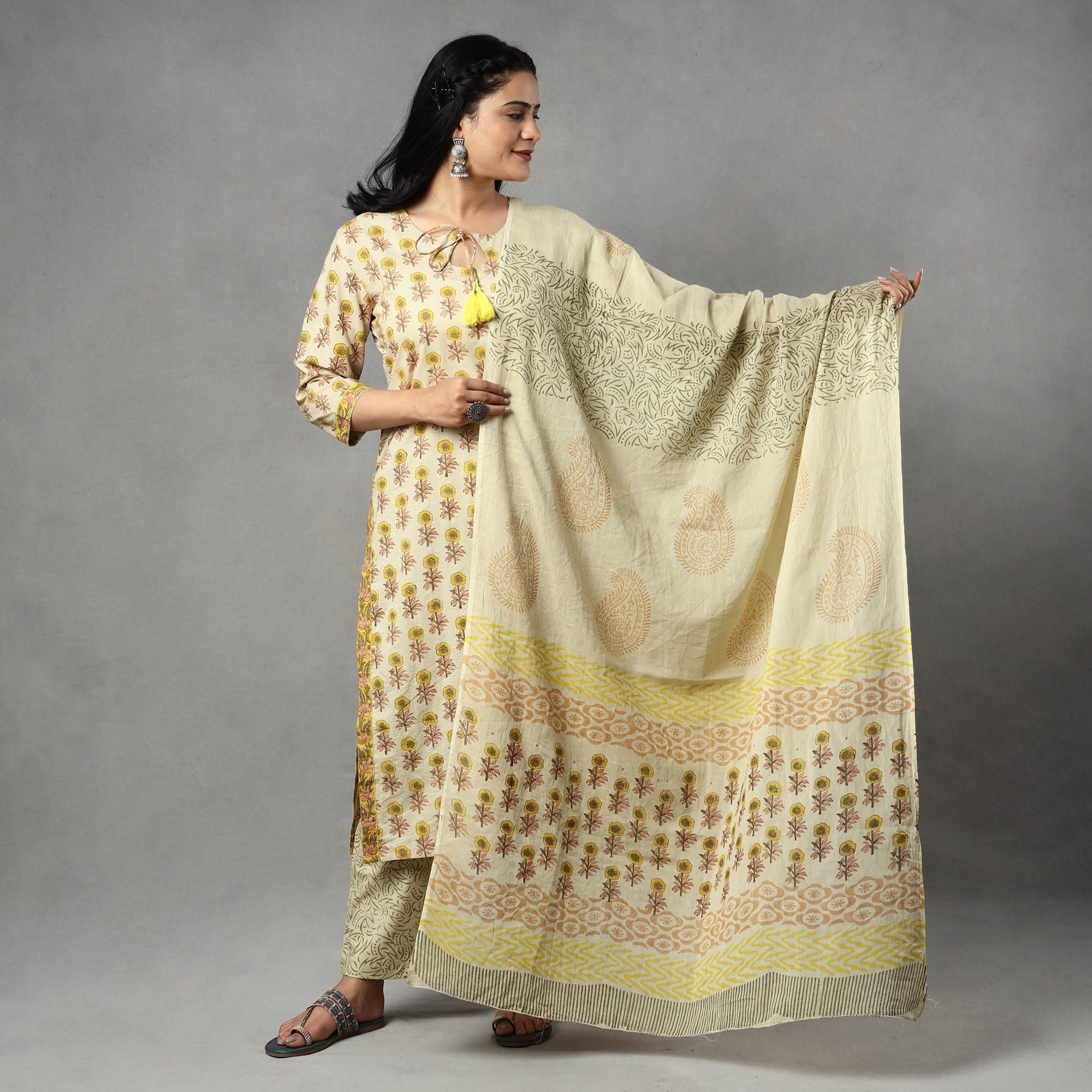 ITOKRI CASUALS Beige - Sanganeri Block Printing Cotton Kurta with Palazzo & Dupatta Set - view 3