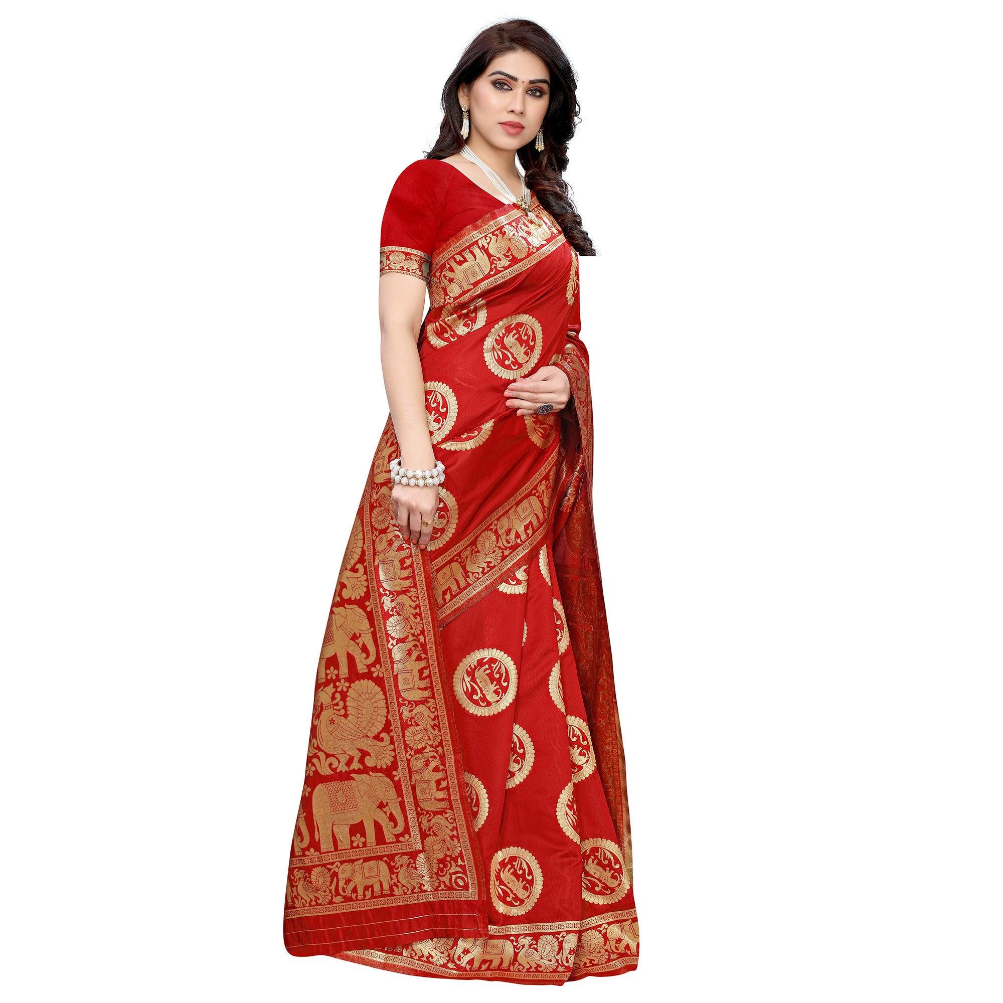 Peachmode Mesmeric Red Colored Festive Wear Woven Jacquard Saree - view 2
