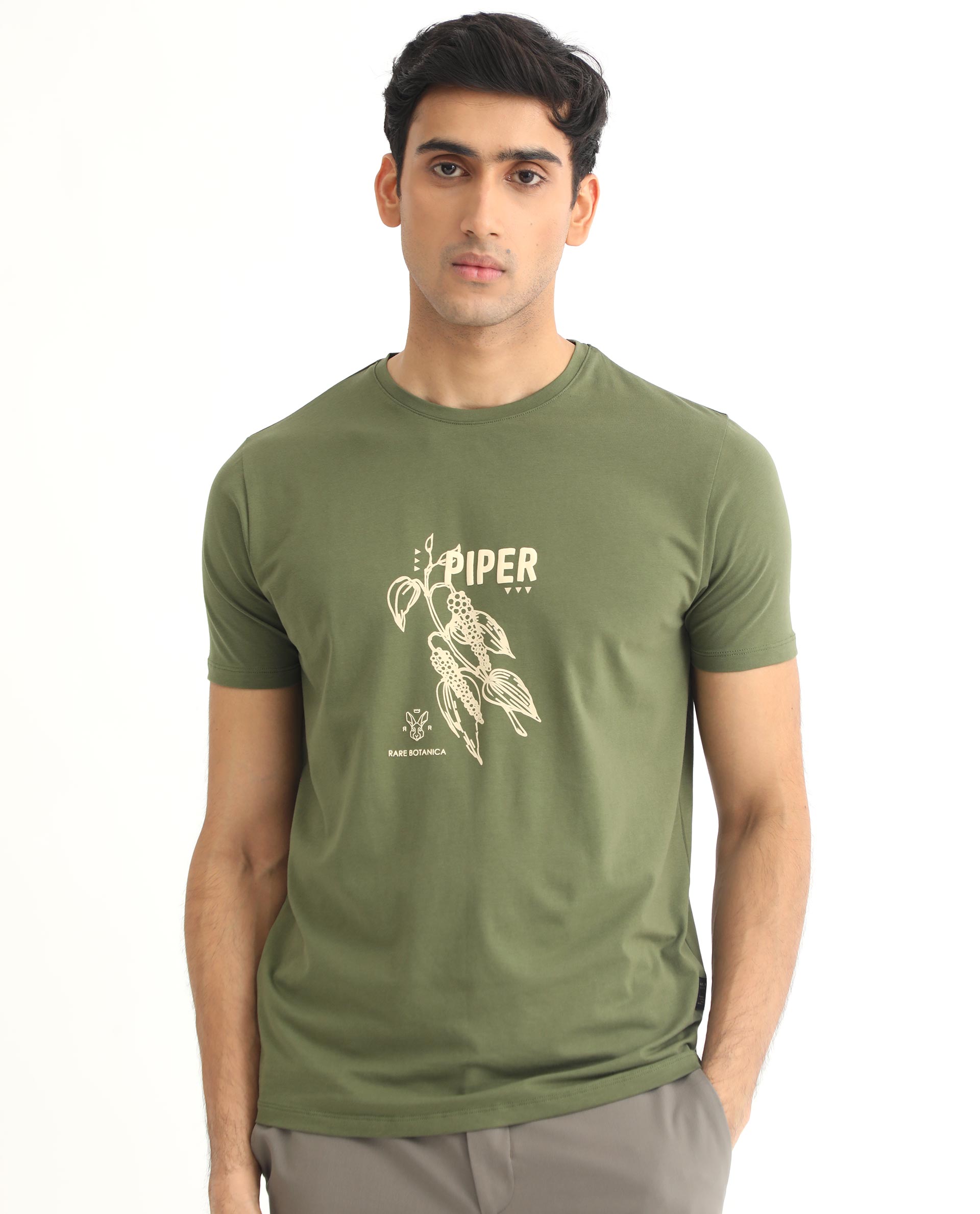 Rare Rabbit Men's Quet Olive Crew Neck With Botanical Chest Graphic Half Sleeves Slim Fit T-Shirt - view 2