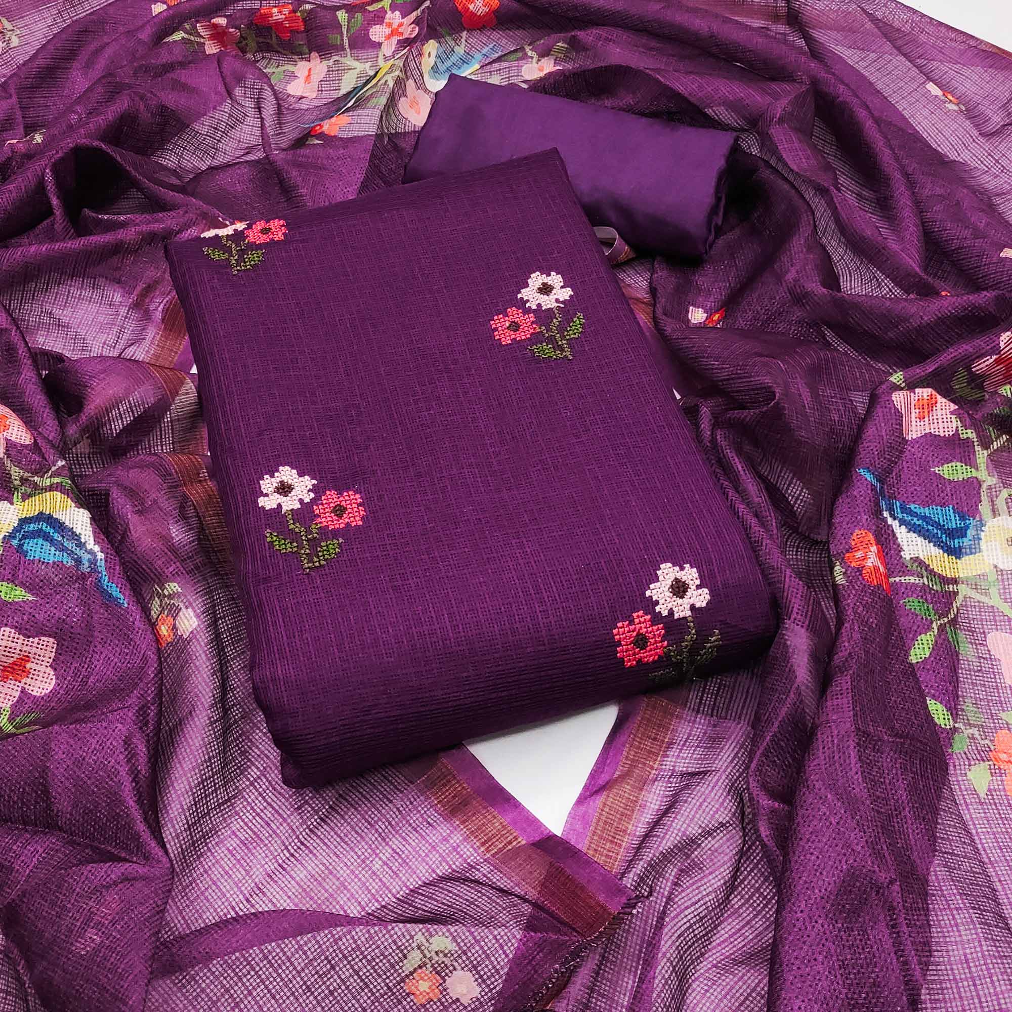 Peachmode Dark Purple Floral Embroidered Kota Doria Dress Material