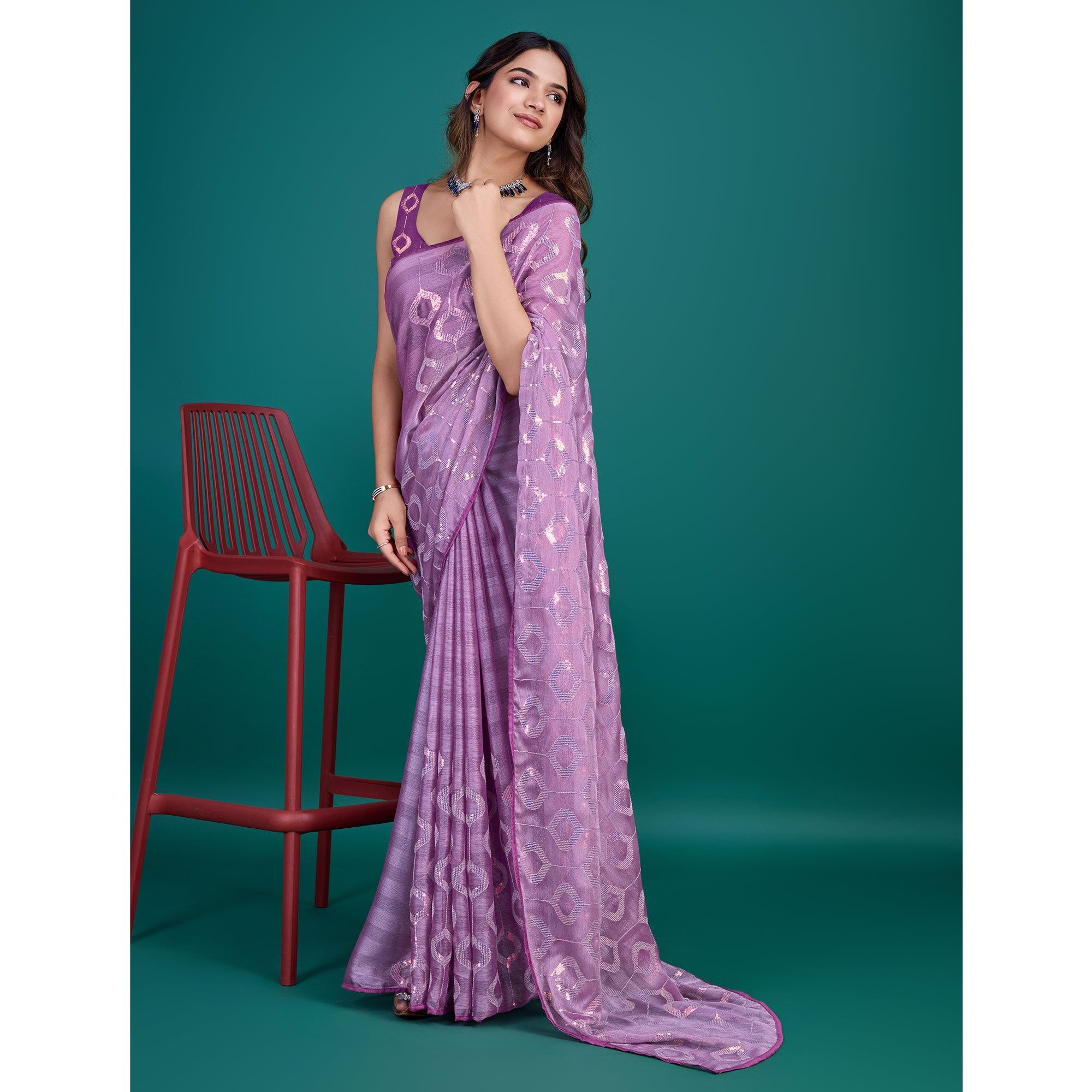 Peachmode Lavender Sequin Embroidered Georgette Saree - view 5