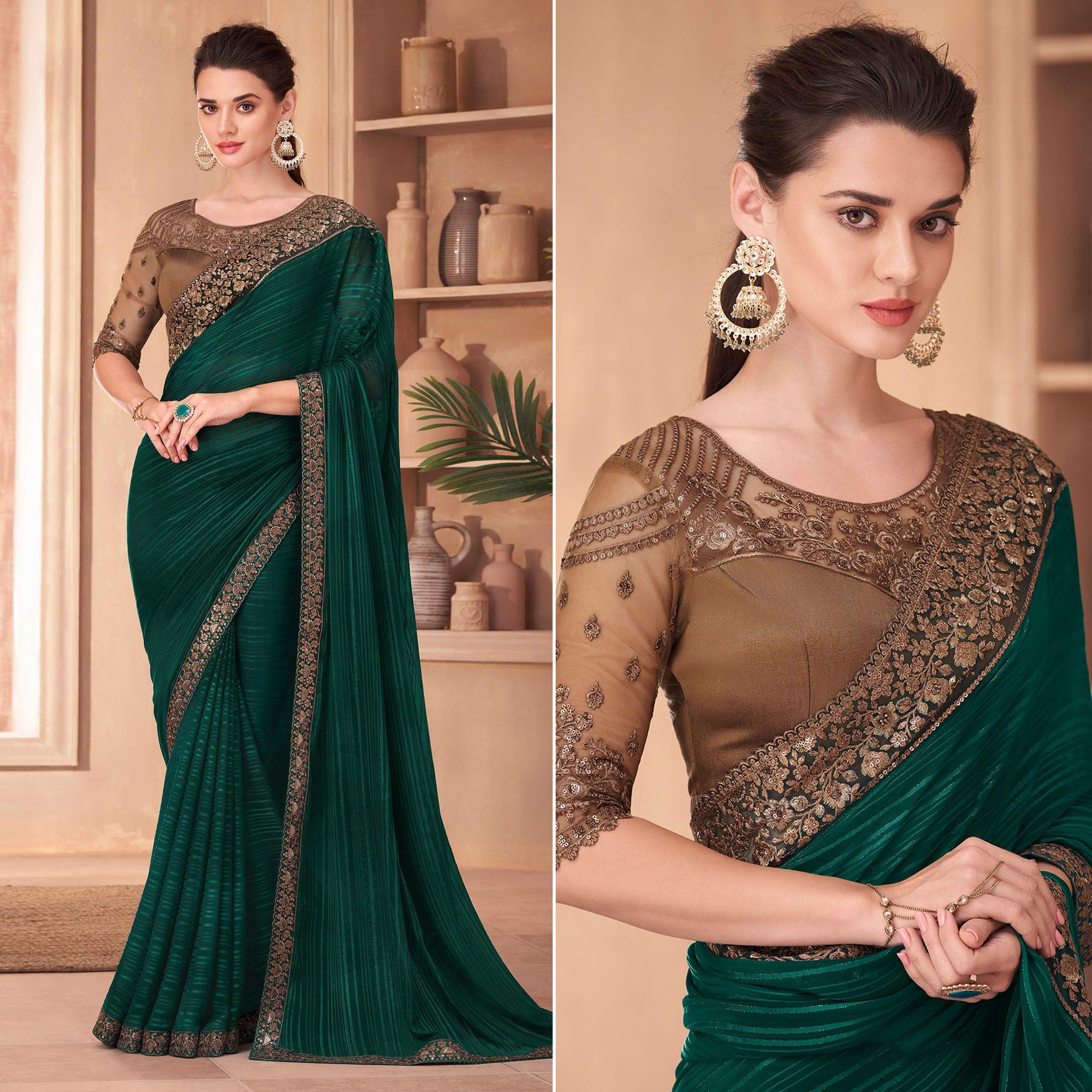 Peachmode Bottle Green Floral Embroidered Georgette Saree