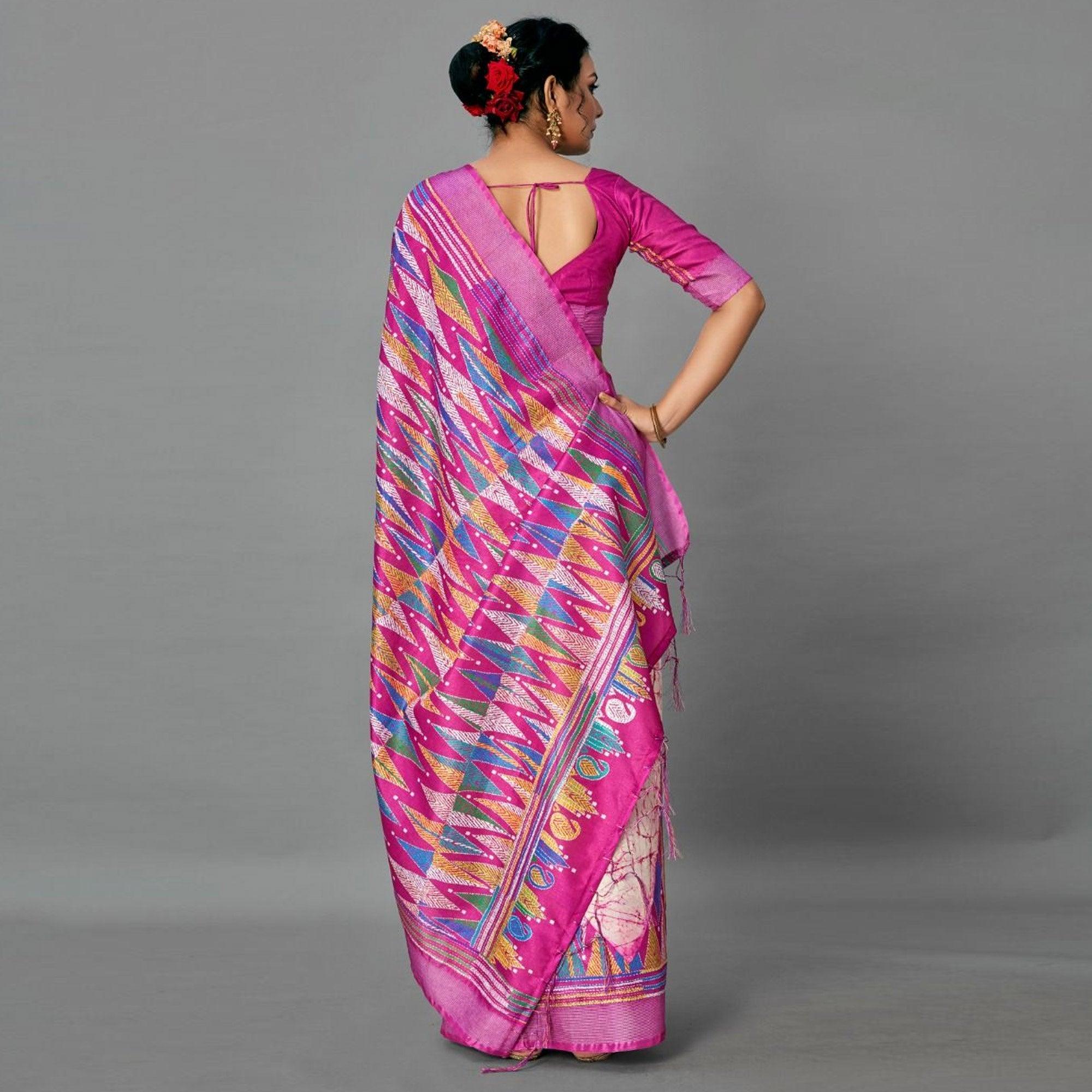 Peachmode Magenta Casual Art Silk Printed Saree With Unstitched Blouse - view 2